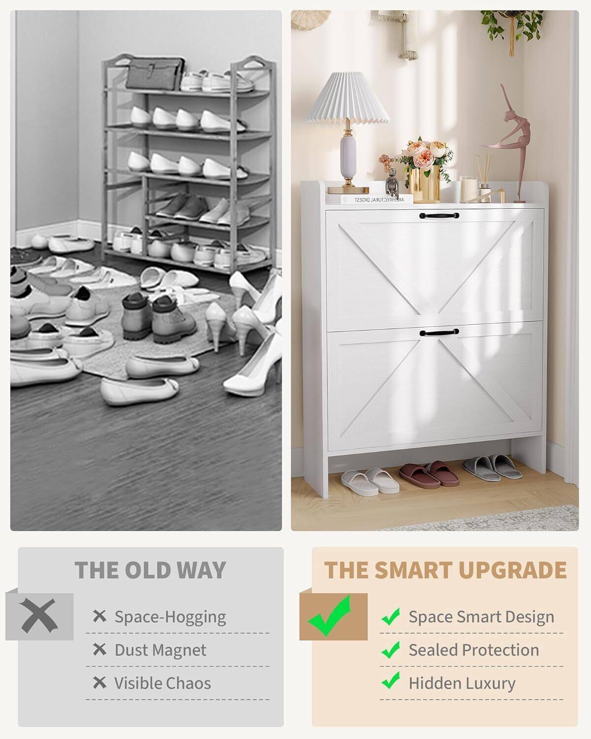 **THE OLD WAY**  
- Space-Hogging  
- Dust Magnet  
- Visible Chaos  

**THE SMART UPGRADE**  
- Space Smart Design  
- Sealed Protection  
- Hidden Luxury