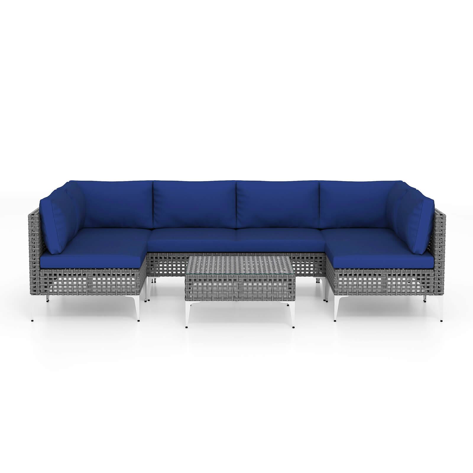 Alt View 1. Costway - Costway 7 Piece Outdoor Furniture Set with Seat & Back Cushions Tempered Glass Coffee Table - Navy.