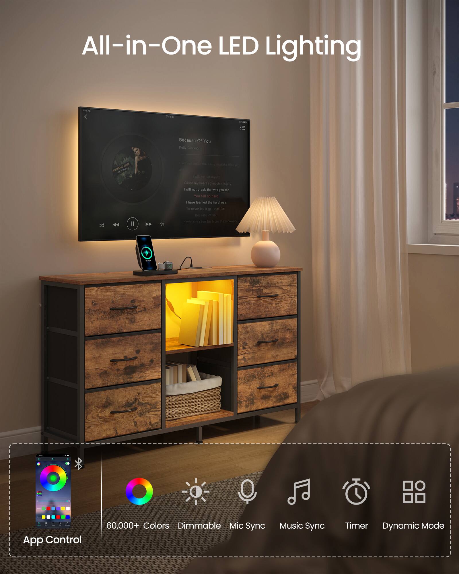 All-in-One LED Lighting

Because Of You  
Kelly Clarkson

App Control  
60,000+ Colors  
Dimmable  
Mic Sync  
Music Sync  
Timer  
Dynamic Mode