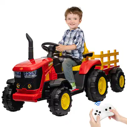 Front. GARVEE - 12V Battery Powered Kids Ride-On Tractor with Remote Control, Detachable Trailer– Tractor Toy for Boys & Girls - Green.