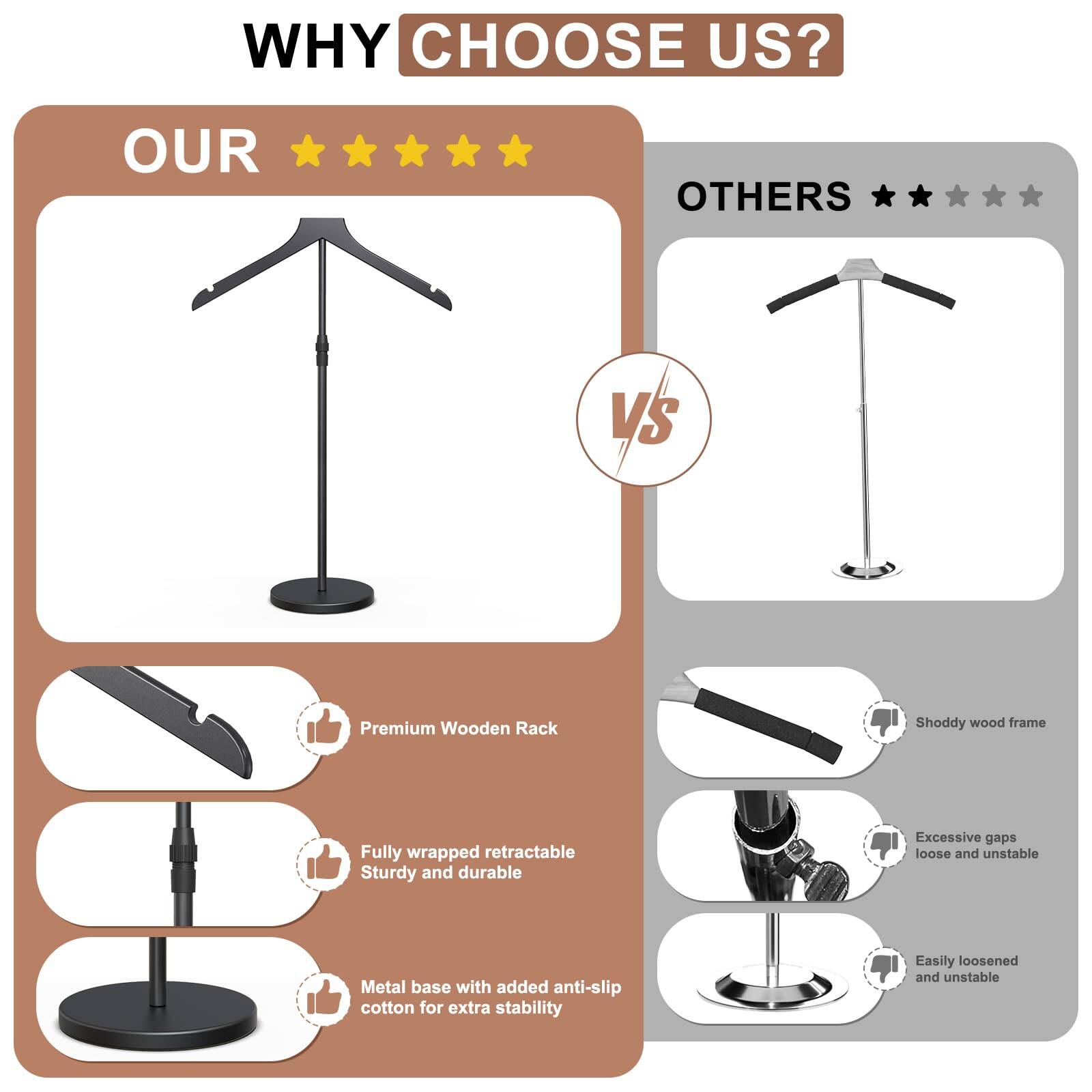 **WHY CHOOSE US?**

**OUR**  
- Premium Wooden Rack  
- Fully wrapped retractable anti-slip  
- Sturdy and durable  
- Metal base with added anti-slip cotton for extra stability  

**VS**  

**OTHERS**  
- Shoddy wood frame  
- Excessive gaps loose and unstable  
- Easily loosened and unstable