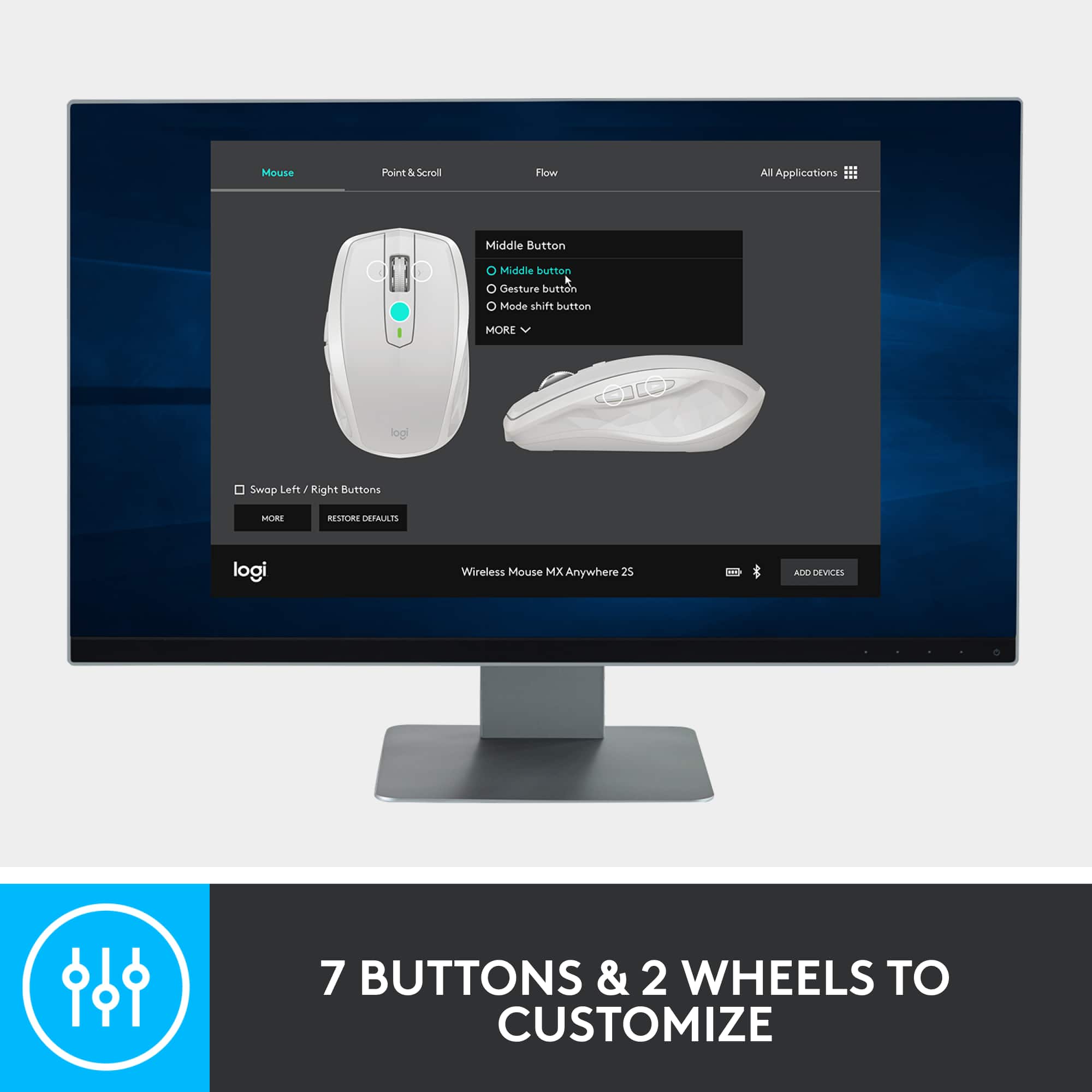 The image features a computer screen displaying a Logitech mouse with customizable options. The mouse has 7 buttons and 2 wheels, allowing users to personalize their experience. The screen is showing the customization options for the mouse, including the middle button, gesture button, and mode shift button. The Logitech Wireless Mouse MX Anywhere 25 TE is designed to work with all applications, providing a seamless user experience.
