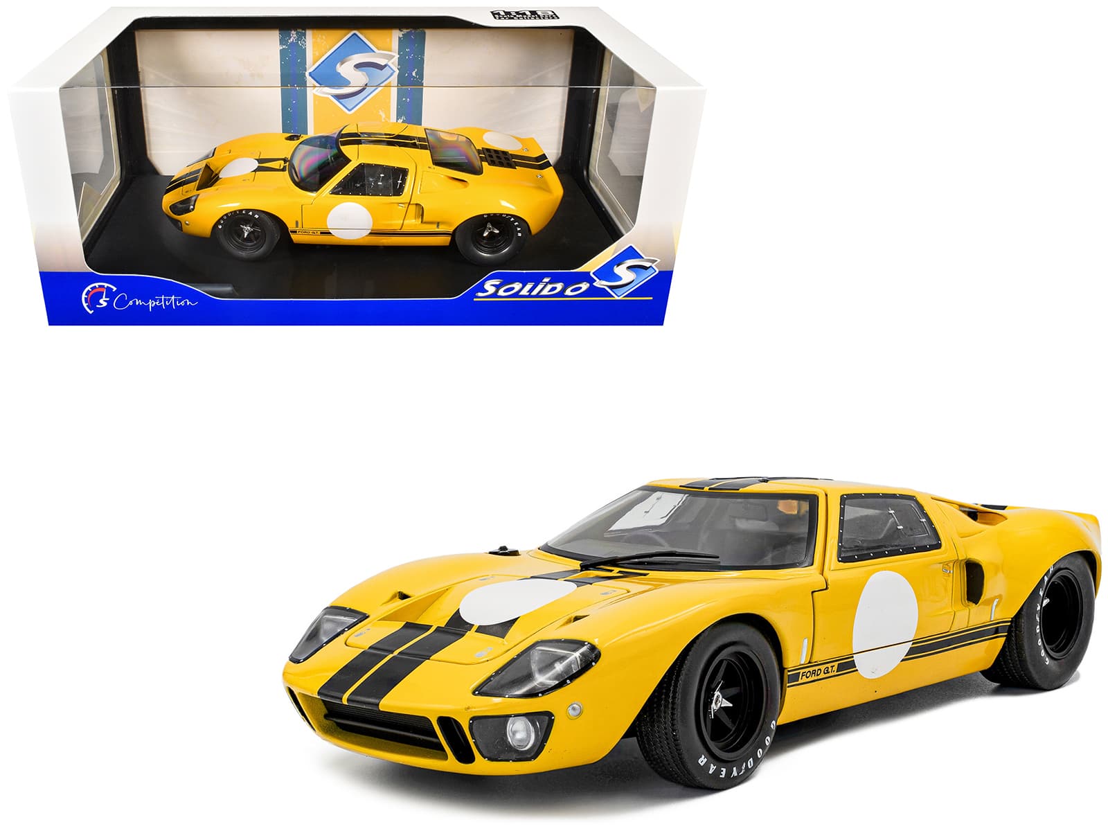 "1968 Ford GT40 MK1 Yellow with Black Stripes ""Competition"" Series 1/18 Diecast Model Car by Solido" price history on PriceWatchPro