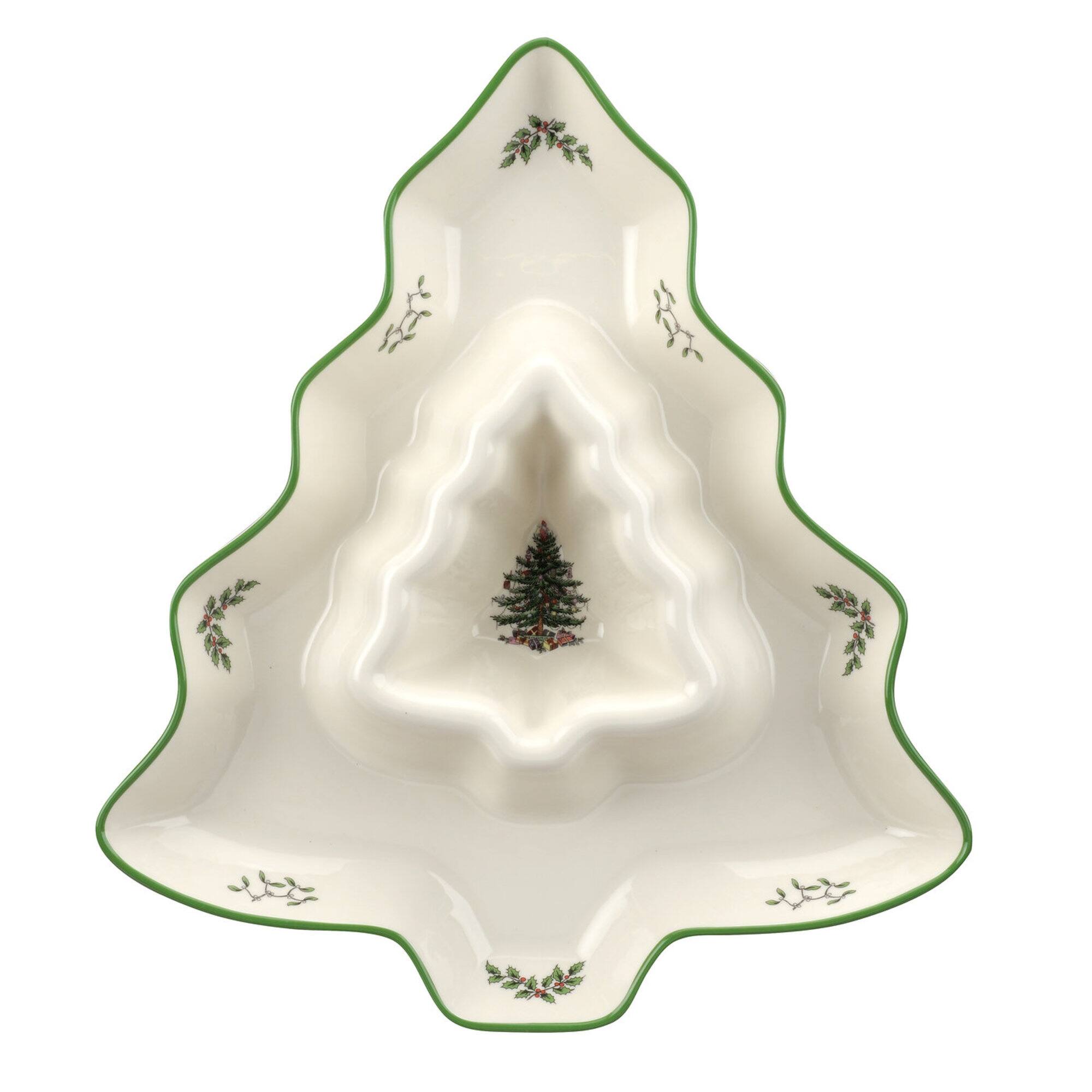 Front. Spode - Spode Christmas Tree Collection Chip & Dip Dish - Multicolored.
