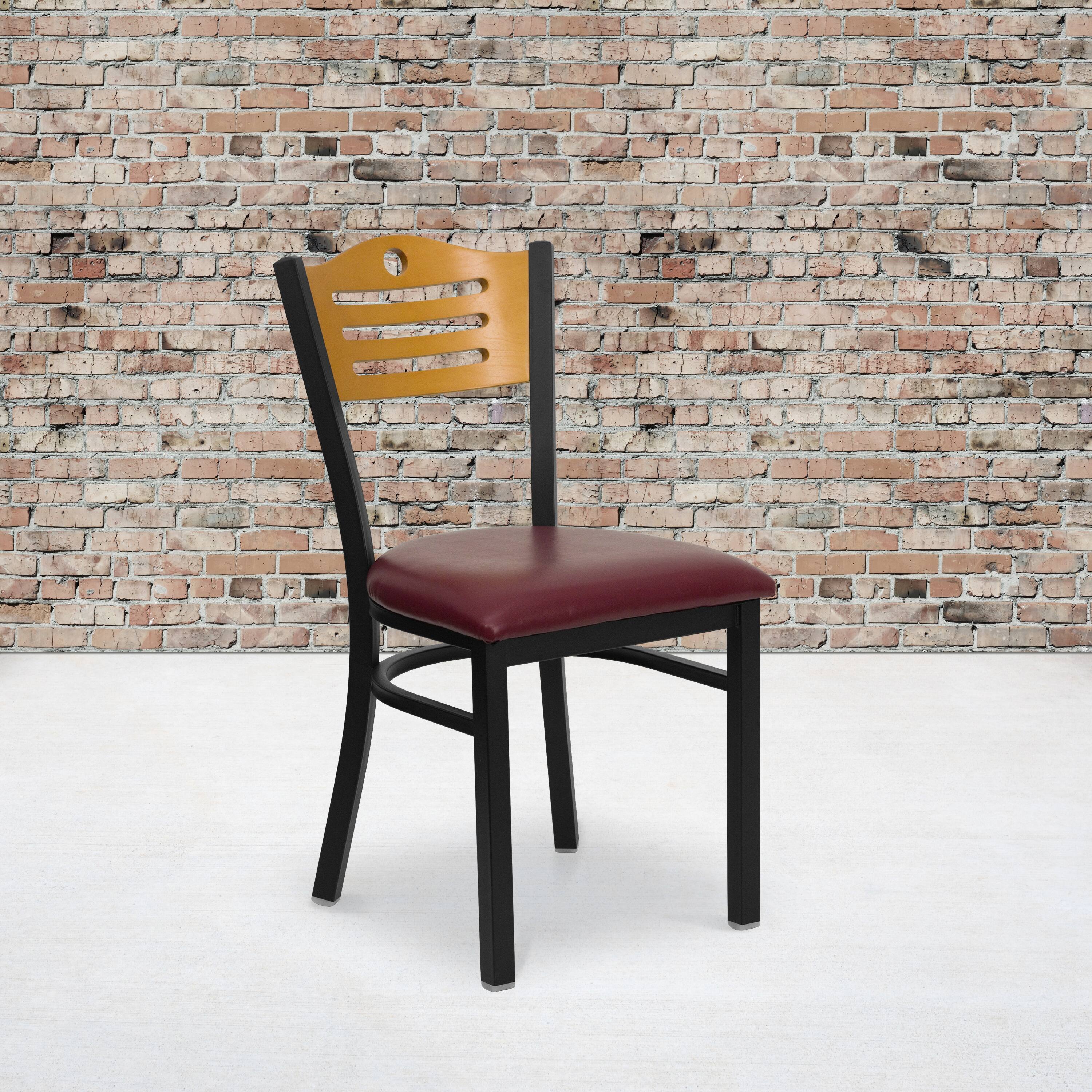 Alt View 2. Emma + Oliver - 2 Pack Slat Back Metal Restaurant Chair - Natural Wood Back/Burgundy Vinyl Seat/Black Metal.