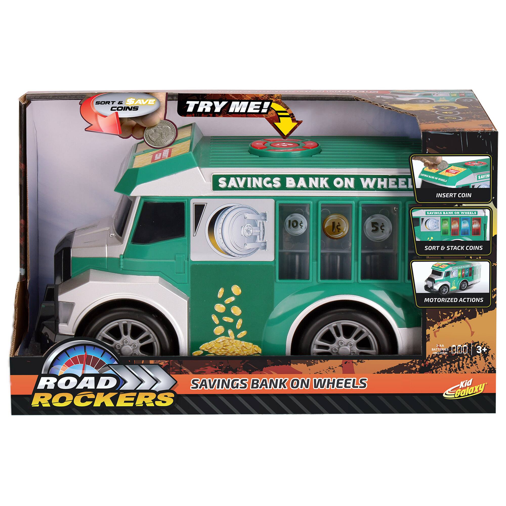 SORT & SAVE COINS  
TRY ME!  
UNEG LAFIN SAVINGS BANK ON WHEEL  
INSERT COIN 10c $1 5c  
...E. ... - ICOCI.  
SORT & STACK COINS  
MOTORIZED ACTIONS  
FL MTTR 00O rpi 3  
ROAD SAVINGS BANK ON WHEELS  
ROCKERS  
Kid Galaxy