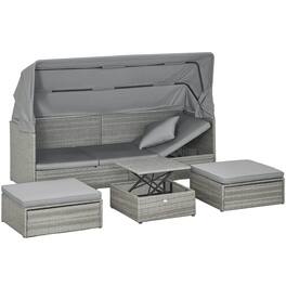 Outsunny - 4 Piece Patio Furniture Set with Cushions, PE Rattan Daybed with Retractable Canopy, Outdoor Sectional Sofa Set - Light Gray
