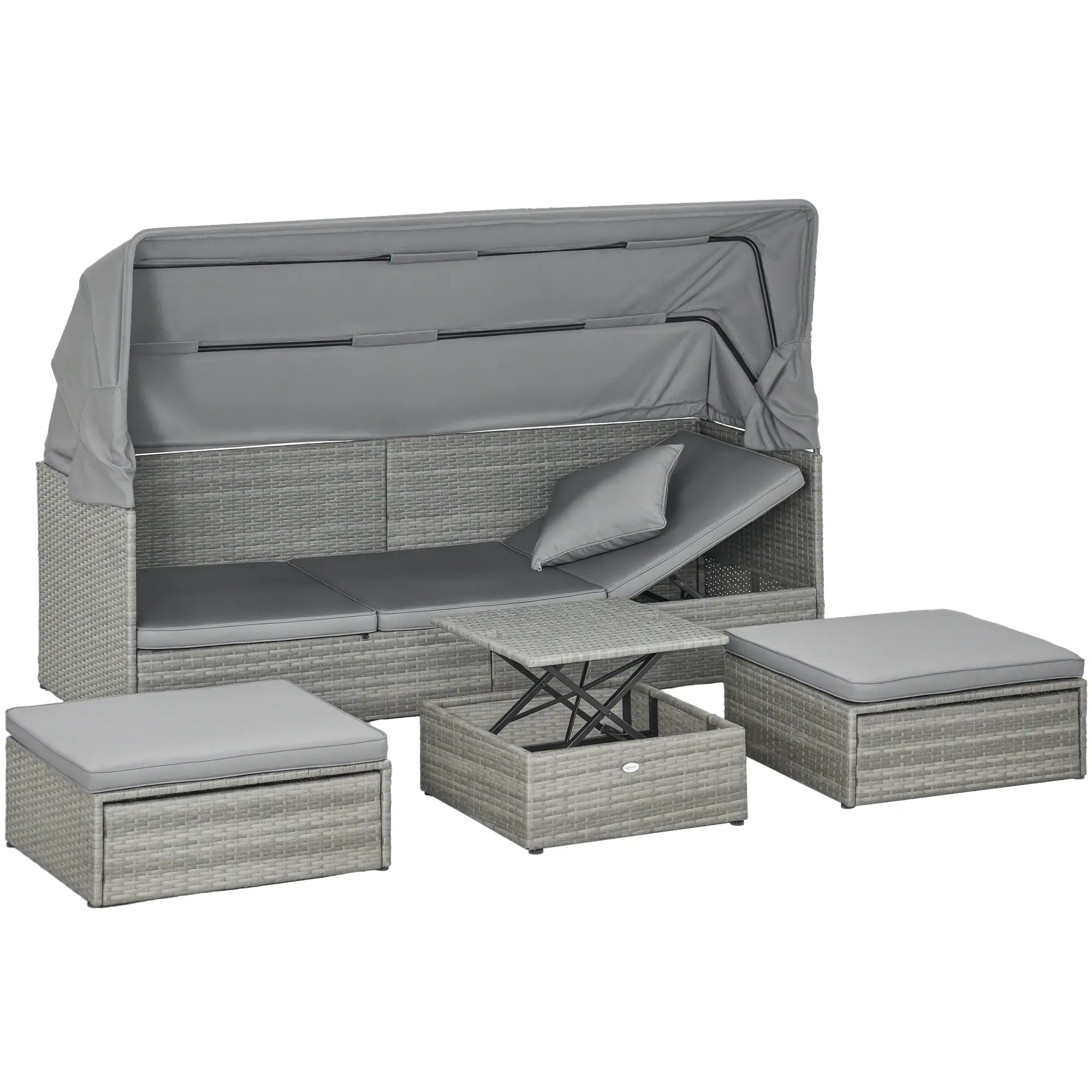 Front. Outsunny - 4 Piece Patio Furniture Set with Cushions, PE Rattan Daybed with Retractable Canopy, Outdoor Sectional Sofa Set - Light Gray.