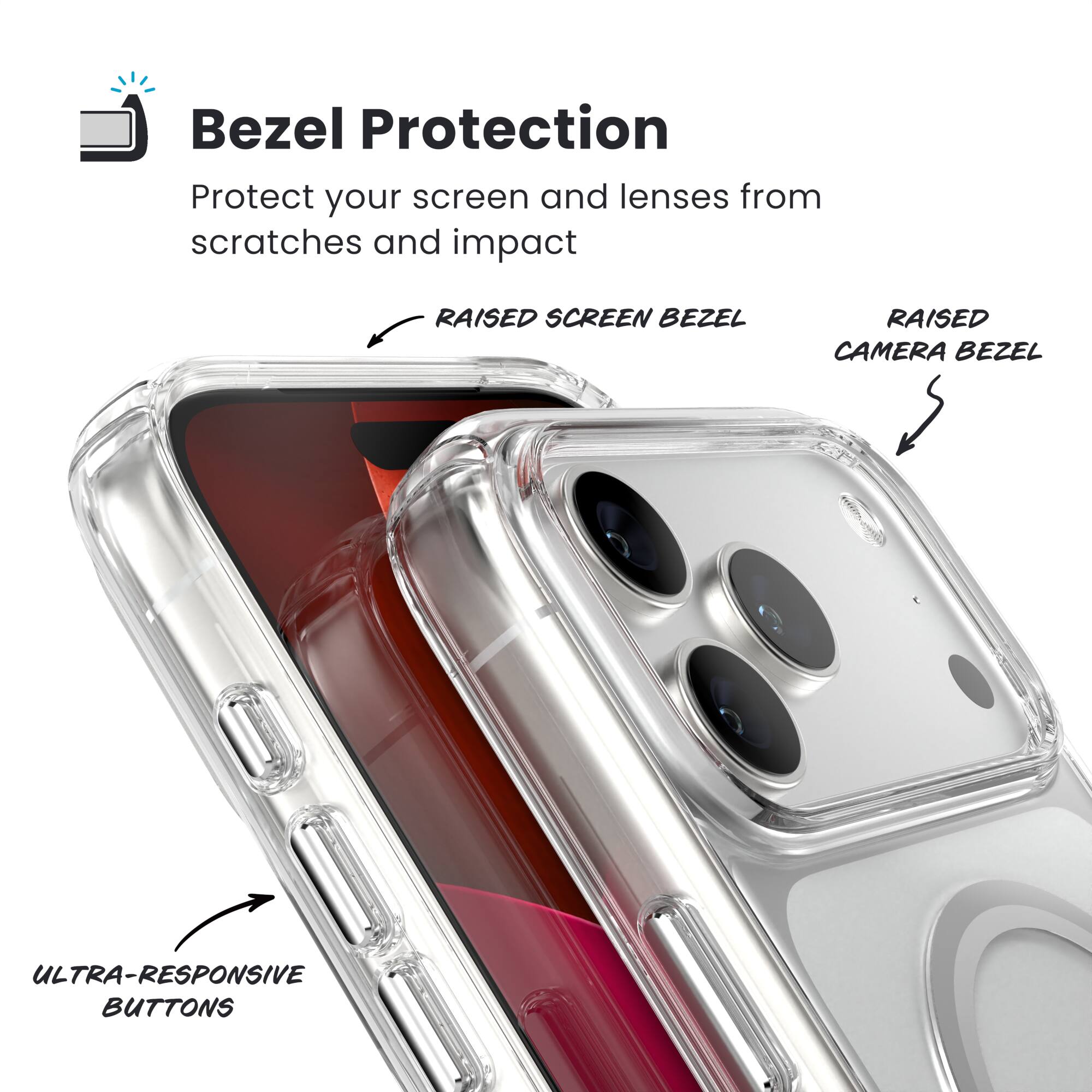 Bezel Protection

Protect your screen and lenses from scratches and impact

- RAISED SCREEN BEZEL
- RAISED CAMERA BEZEL
- ULTRA-RESPONSIVE BUTTONS