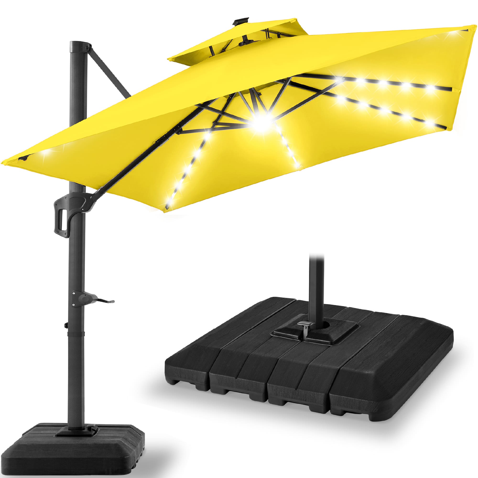 Best Choice Products - 9x12ft 2-Tier Square Outdoor Solar LED Cantilever Umbrella w/ 360-Rotating Base - Yellow