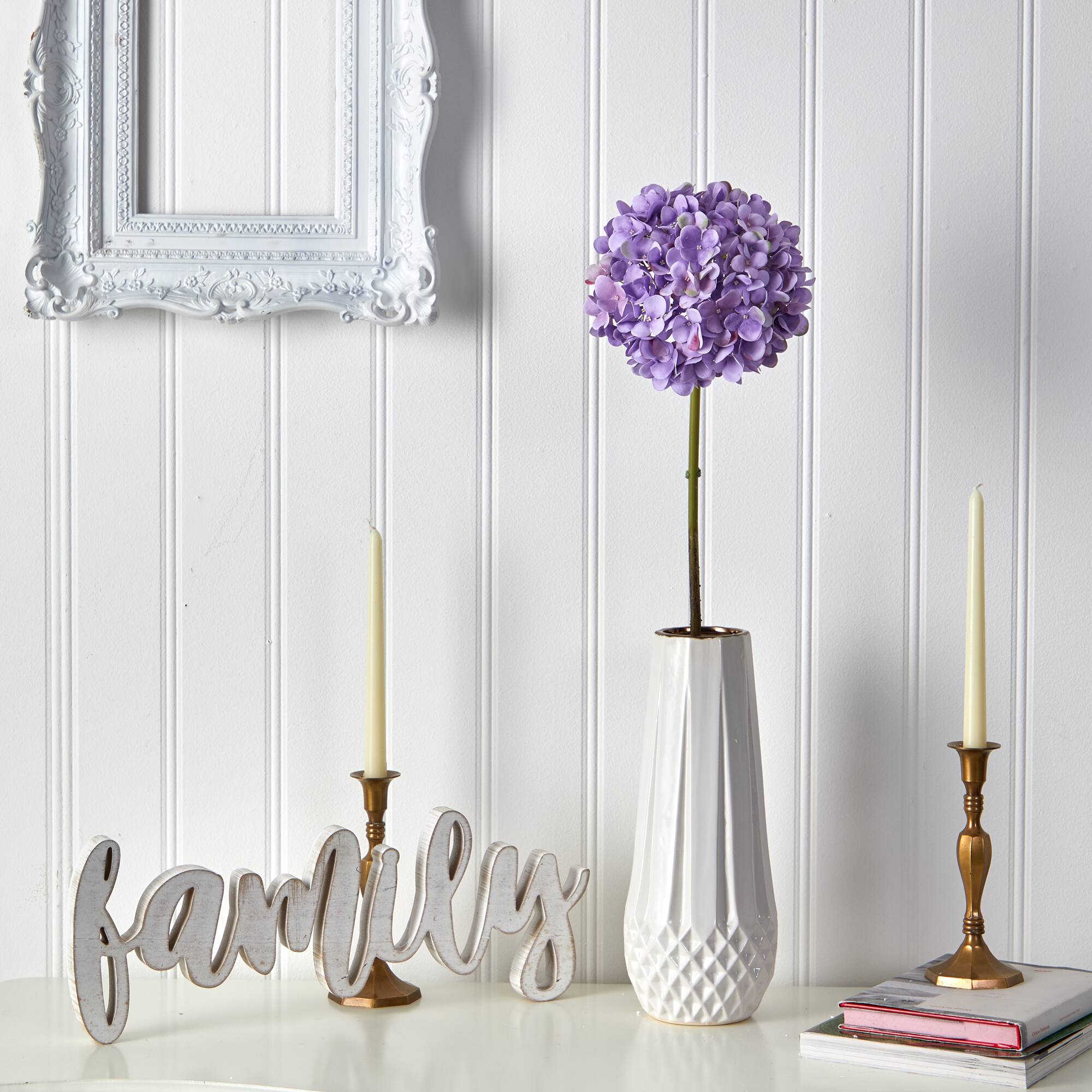 Angle. BreeBe - 19" Hydrangea Artificial Flower (Set of 3) - Purple Lavender.