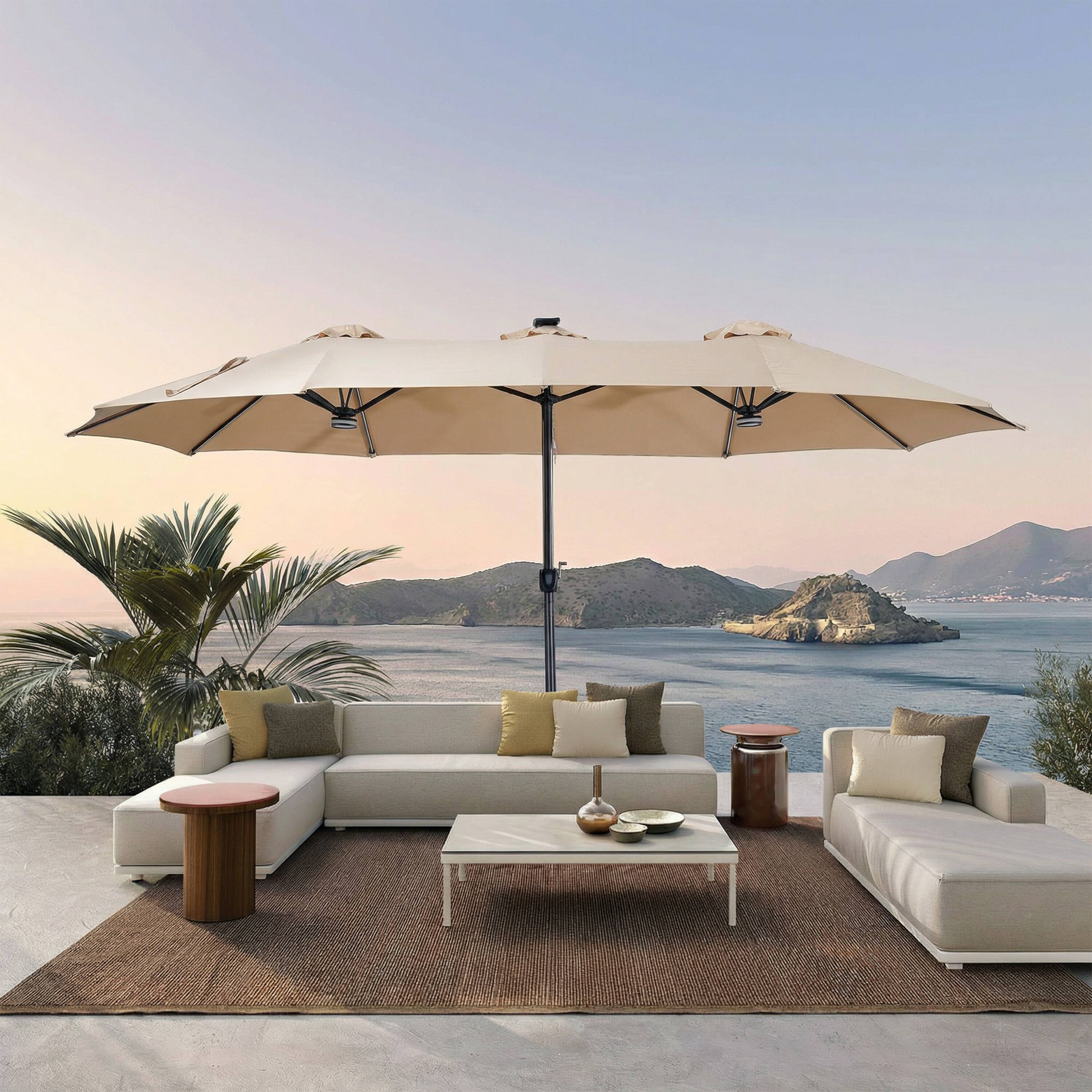 Left. Mondawe - 15ft Double-Sided Solar RGB LED Patio Umbrella with Base, Dual Charging - Tan.