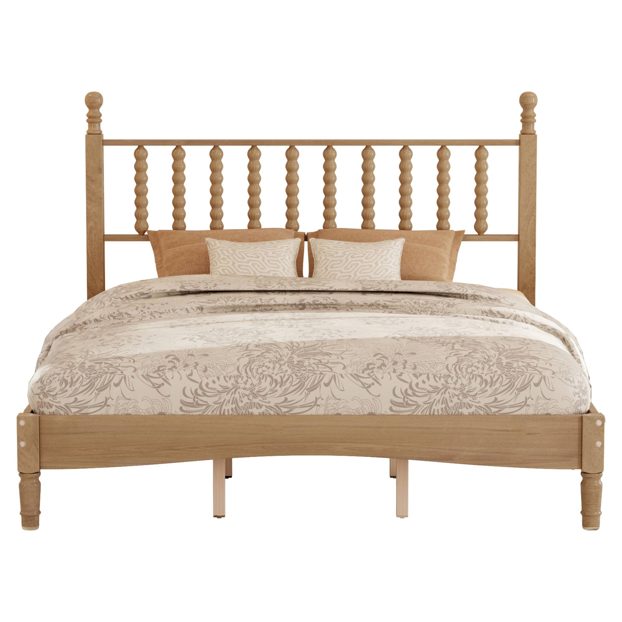 Alt View 1. GOODSILO - Queen Size Retro Wood Platform Bed with Gourd Shaped Headboard and Wooden Slat Support - Natural.