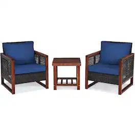 Kadyn - 3 Pcs Patio Wicker Furniture Set Outdoor Furniture Garden Conversation Sets with Washable Cushion and Acacia Wood Cof - Blue