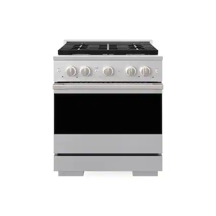 Front. ZLINE - 30 in. 4.2 cu. ft. Marino Freestanding Gas Range with 4 Burner Cooktop and Manual Clean Convection Gas Oven - Satin Stainless Steel.