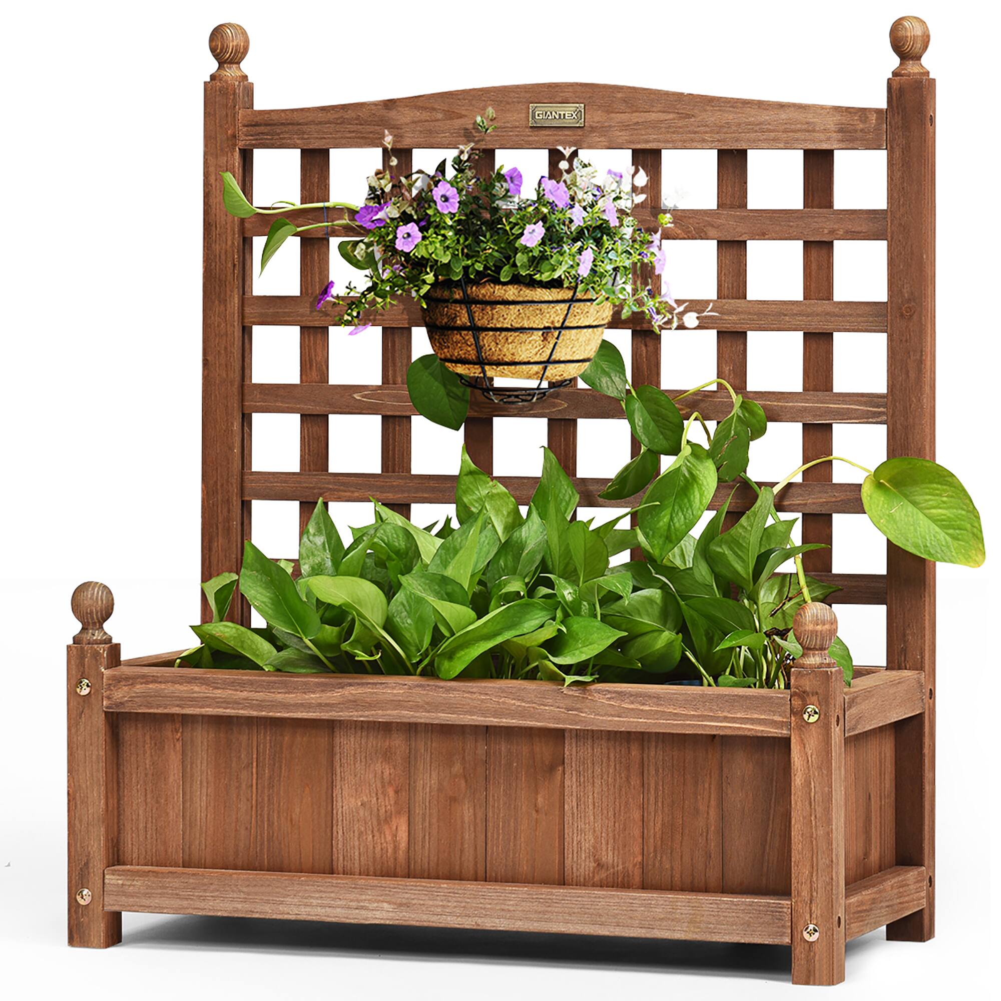 Alt View 5. Costway - 2 PCS Solid Wood Planter Box with Trellis Weather-Resistant 25"x11"x30" - Dark brown.