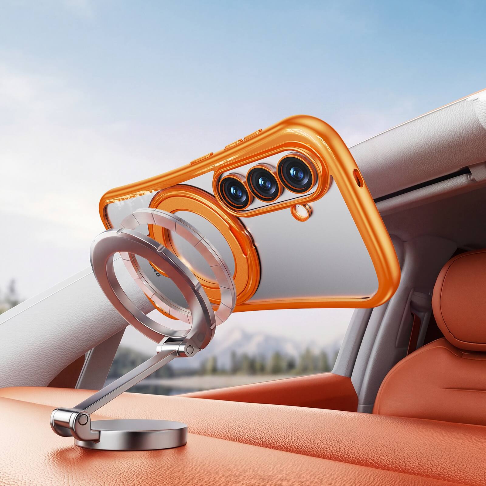 Back. Dteck - Magnetic Case for Samsung Galaxy S26 with 360 Ring Stand and Strap, Shockproof TPU Phone Cover Built-in Lens Protector - Orange.