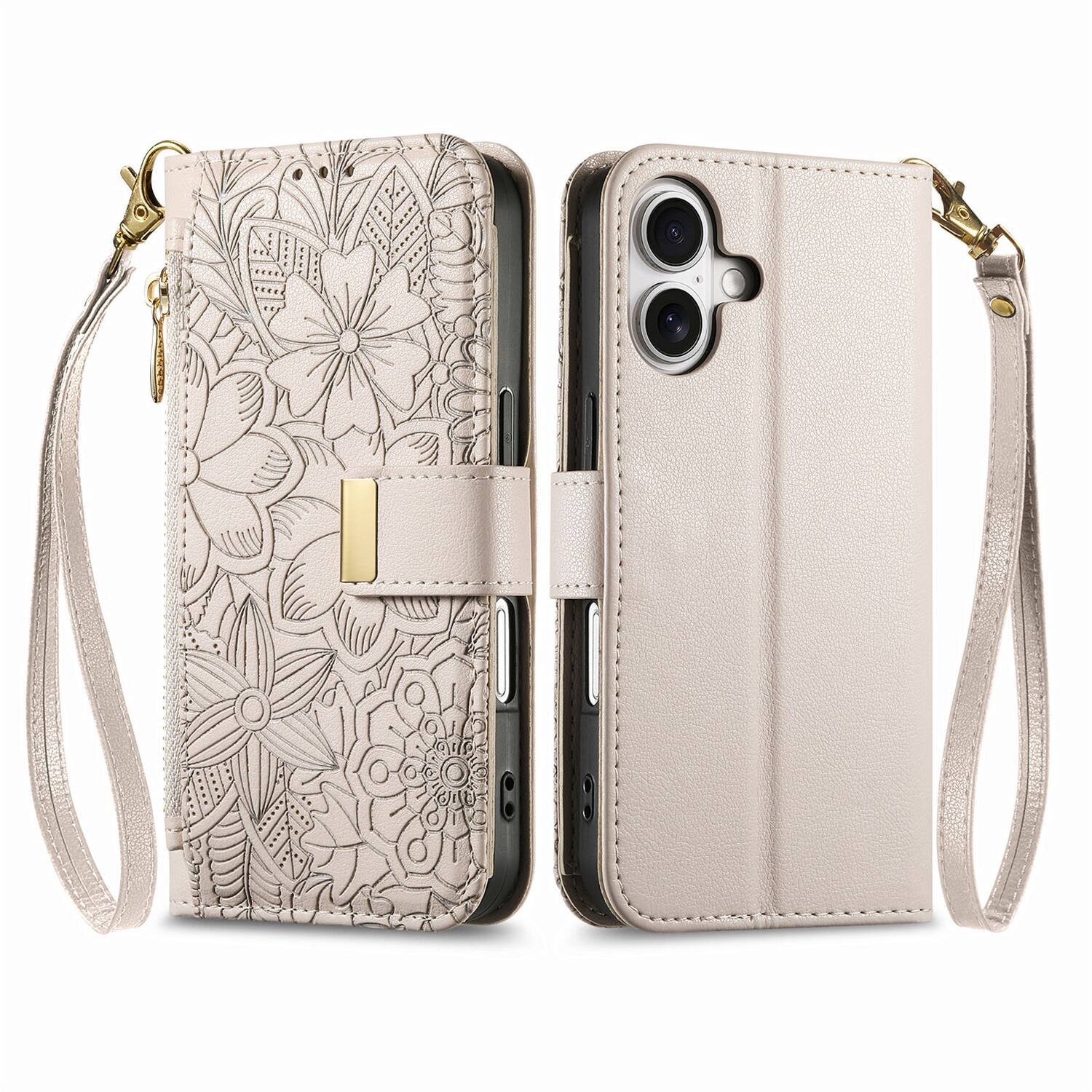 Angle. UUCOVER - Floral PU Leather Wallet Case for Apple iPhone 16 with Zipper Pocket, Card Slots,Shoulder & Wrist Strap, Stand Cover - Beige.
