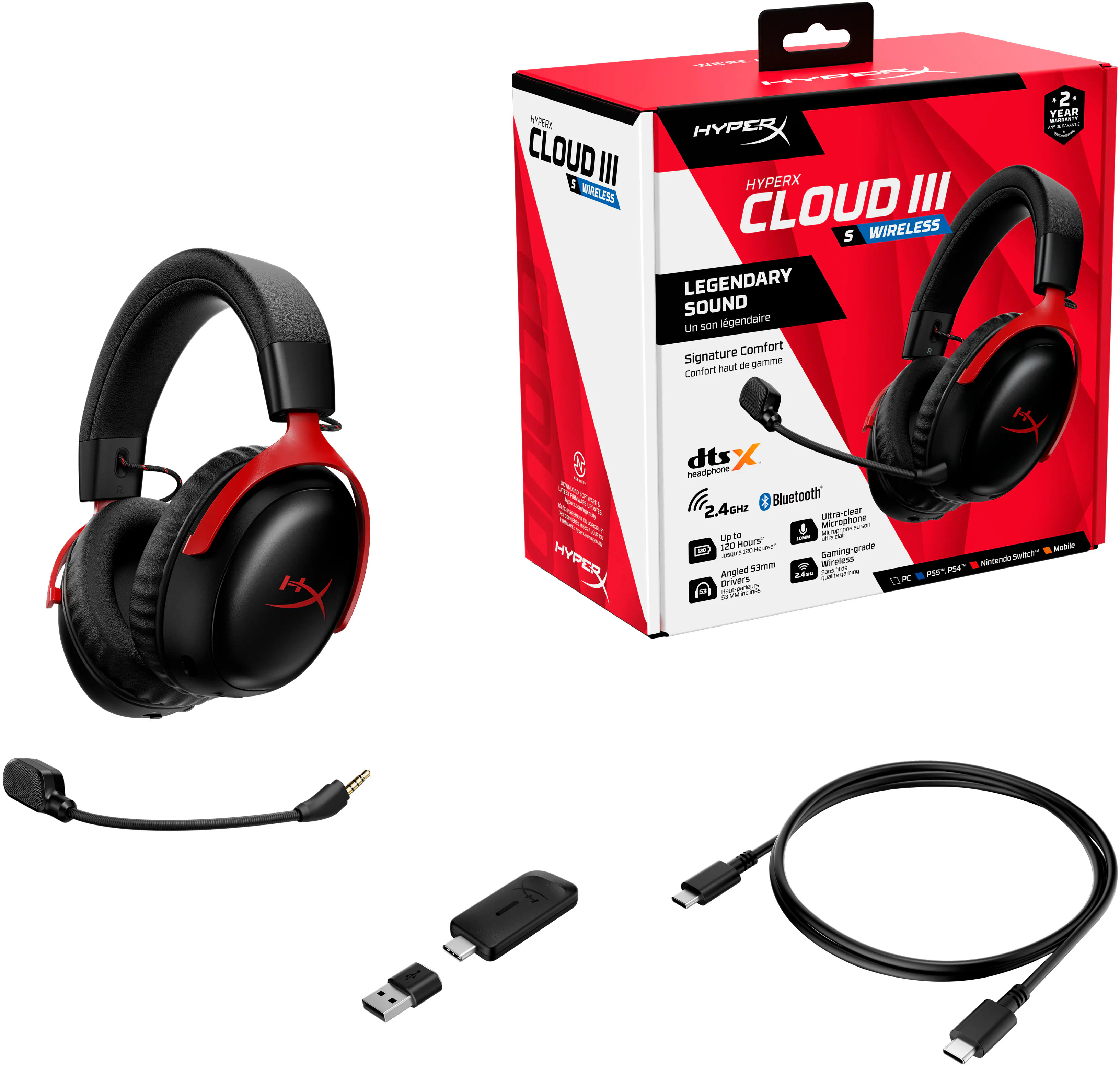 The text on the image reads: "HyperX Cloud III Wireless Legendary Sound Signature Comfort High-End Gaming Headphones with Microphone - 2.4GHz Wireless - DTS X 7.1 Surround Sound - USB Audio - 3.5mm Audio Jack - Angled Earcups - Detachable Cable - 2 Year Warranty - Black."