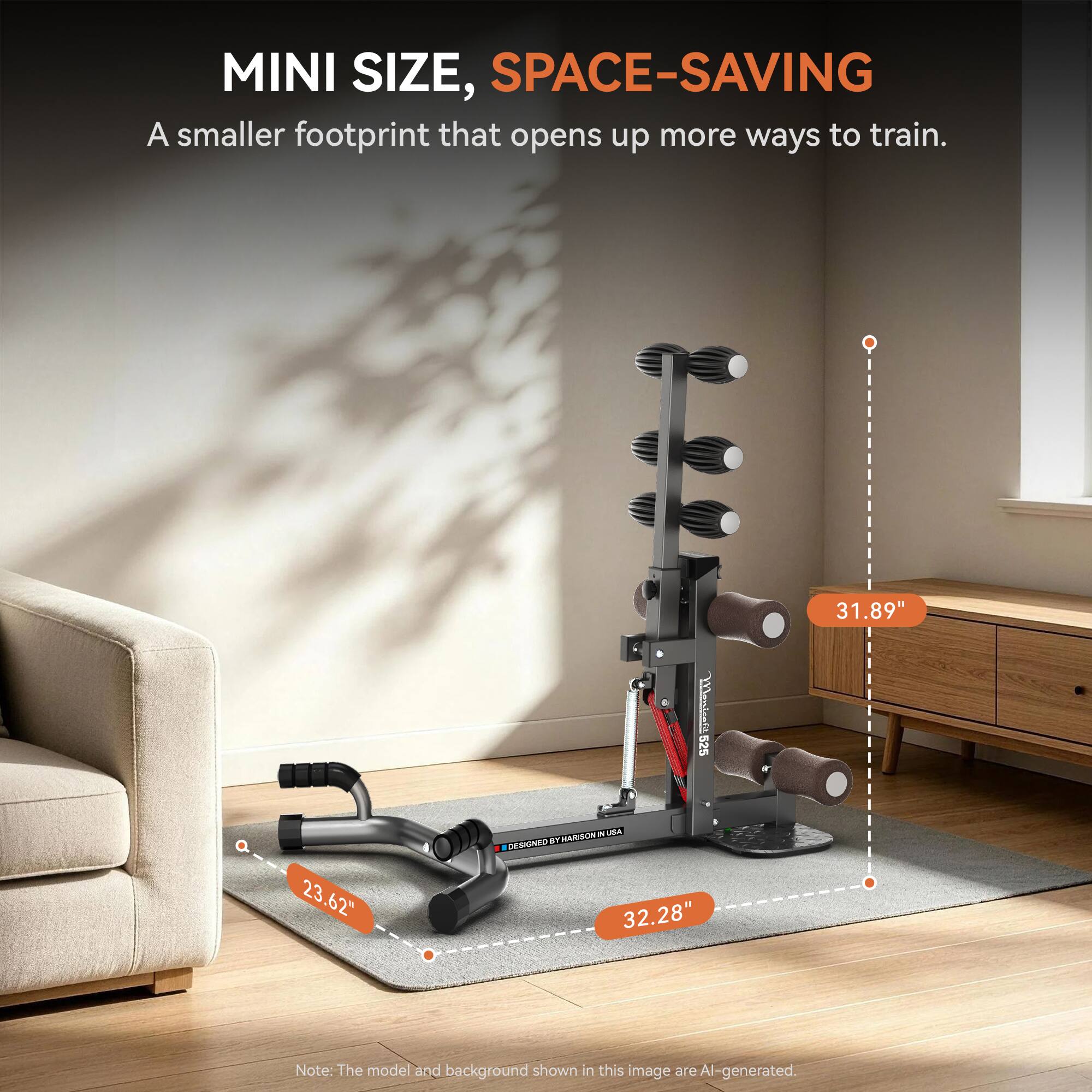 MINI SIZE, SPACE-SAVING  
A smaller footprint that opens up more ways to train.  

Q 2 23.62"  
525 Monicafit HARISON IN N USA DESIGNED BY 32.28"  
31.89"