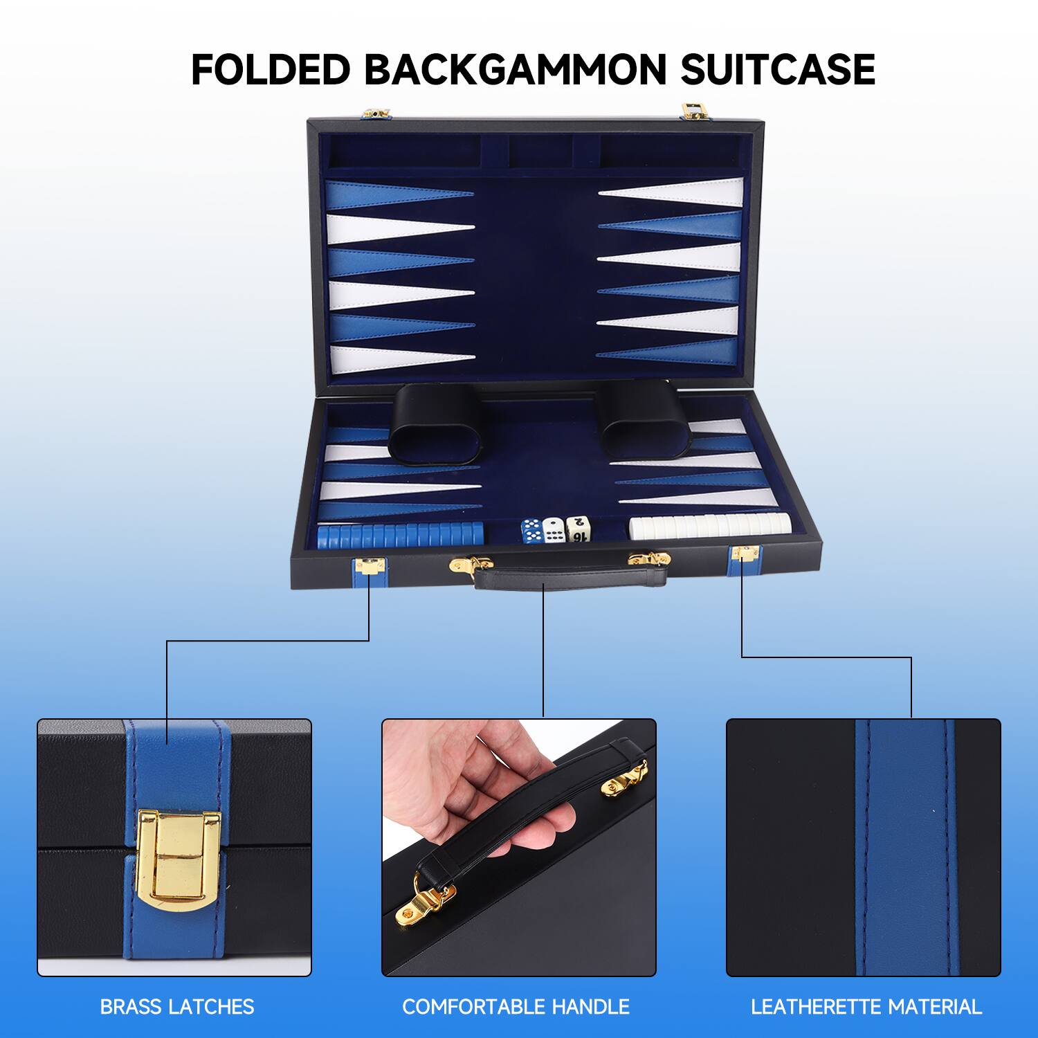 FOLDED BACKGAMMON SUITCASE - BRASS LATCHES - COMFORTABLE HANDLE - LEATHERETTE MATERIAL