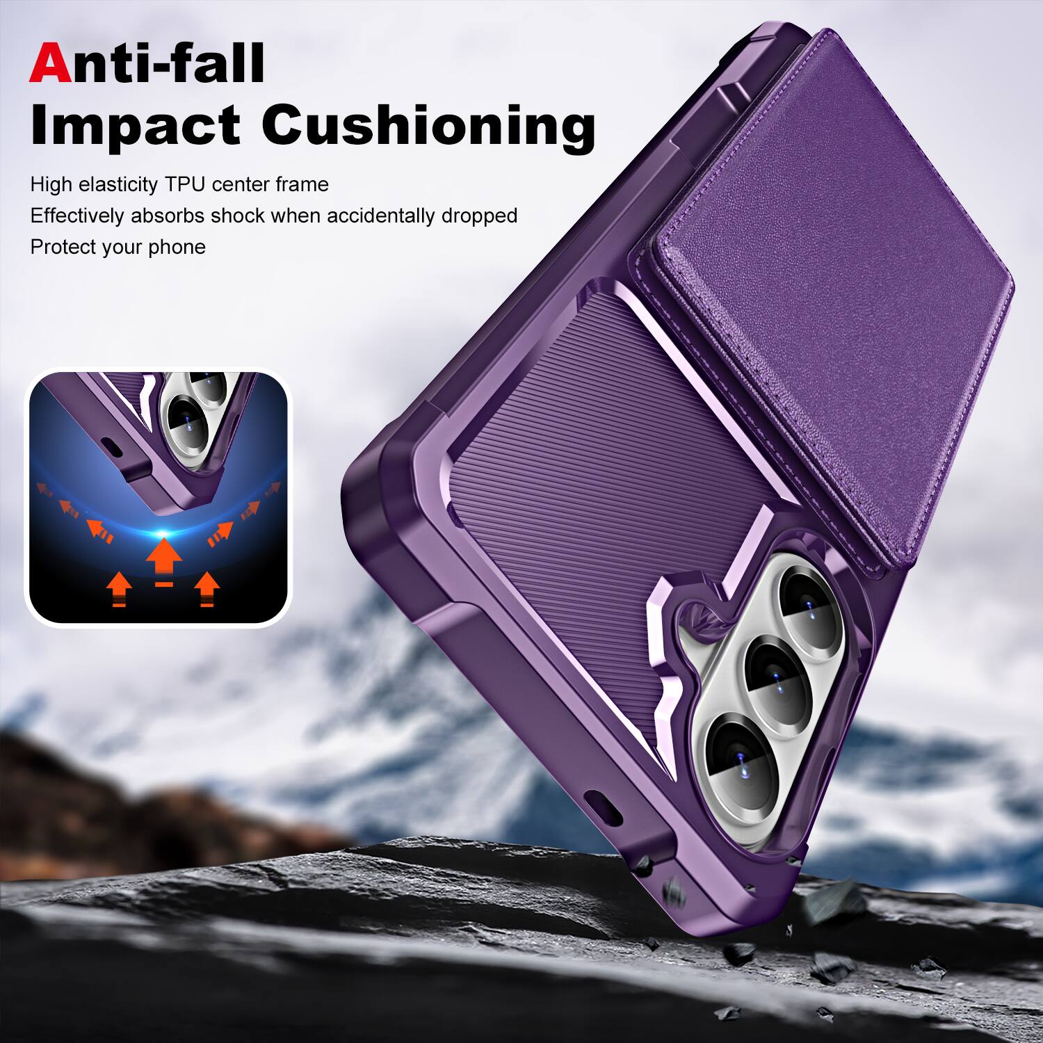 Anti-fall Impact Cushioning

High elasticity TPU center frame  
Effectively absorbs shock when accidentally dropped  
Protect your phone