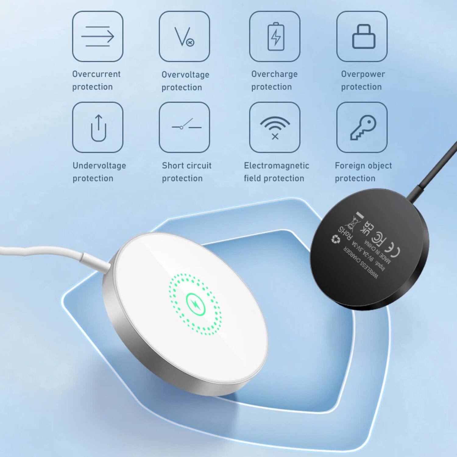 Vo Overcurrent protection  
Overvoltage protection  
Overcharge protection  
Overpower protection  
Undervoltage protection  
Short circuit protection  
Electromagnetic field protection  
Foreign object protection  
RoHS  
CECR  
SV-3A  
CHINA  
FC  
CHARGER  
9V-2A  
MADE IN CHINA  
3 WIRELESS ESS