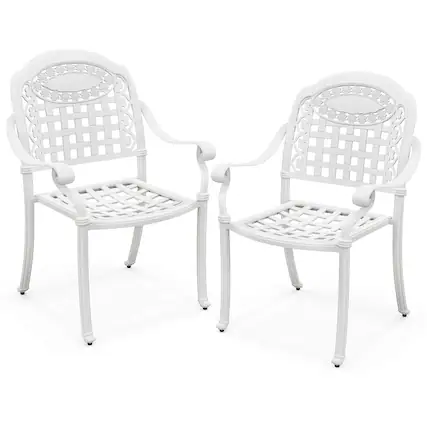 Front. Gymax - Gymax Set Of 2 Patio Cast Aluminum Armrest Chairs Dining Stackable Outdoor White - White.