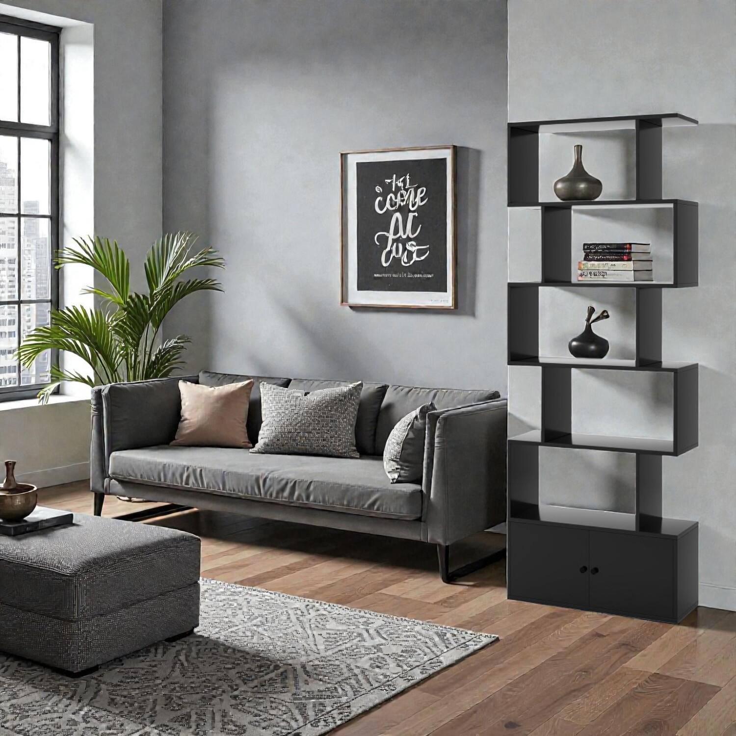 Hivvago- 6-Tier Geometric Display Bookcase with Closed Cabinet Compartments- Black