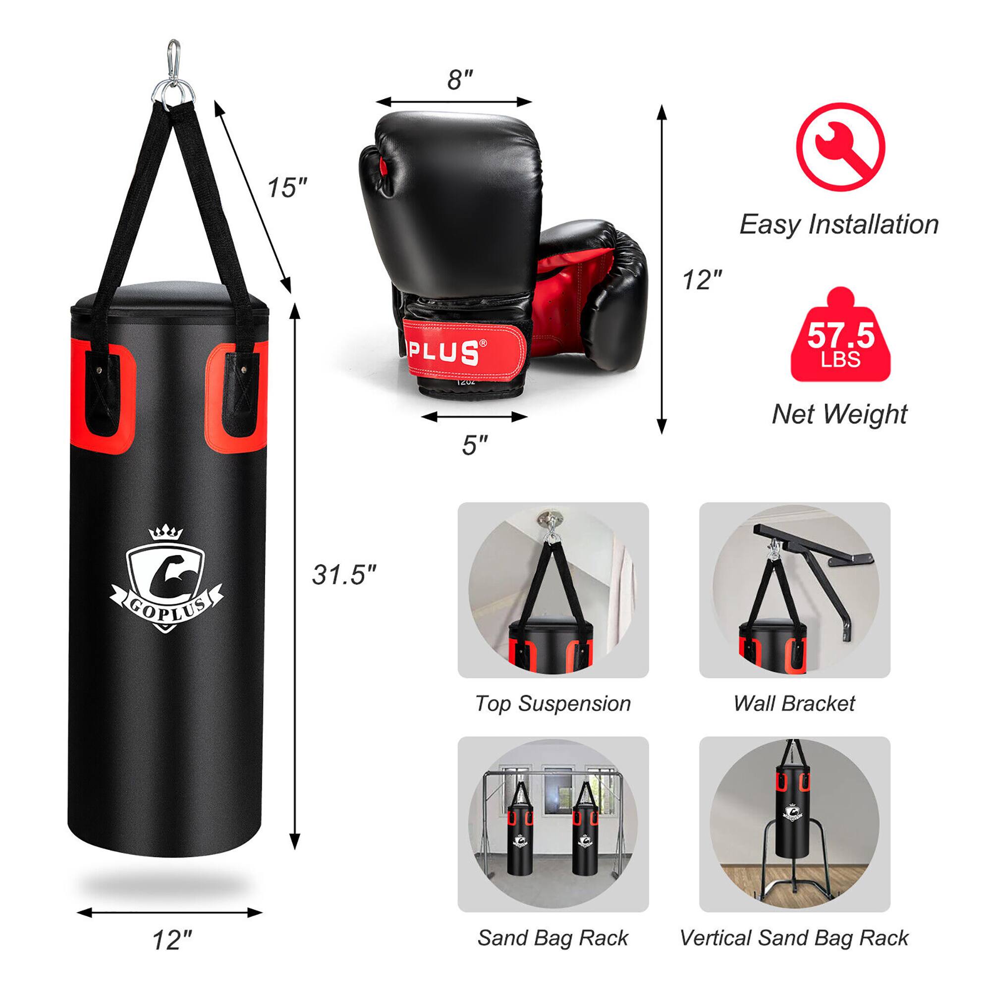 - **Easy Installation**
- **Net Weight:** 57.5 LBS
- **Dimensions:**
  - Height: 31.5"
  - Width: 12"
  - Depth: 5"
  - Punching Bag: 15" (Height) x 8" (Width) x 12" (Depth)
- **Features:**
  - Top Suspension
  - Wall Bracket
  - Sand Bag Rack
  - Vertical Sand Bag Rack
- **Brand:** GOPLUS