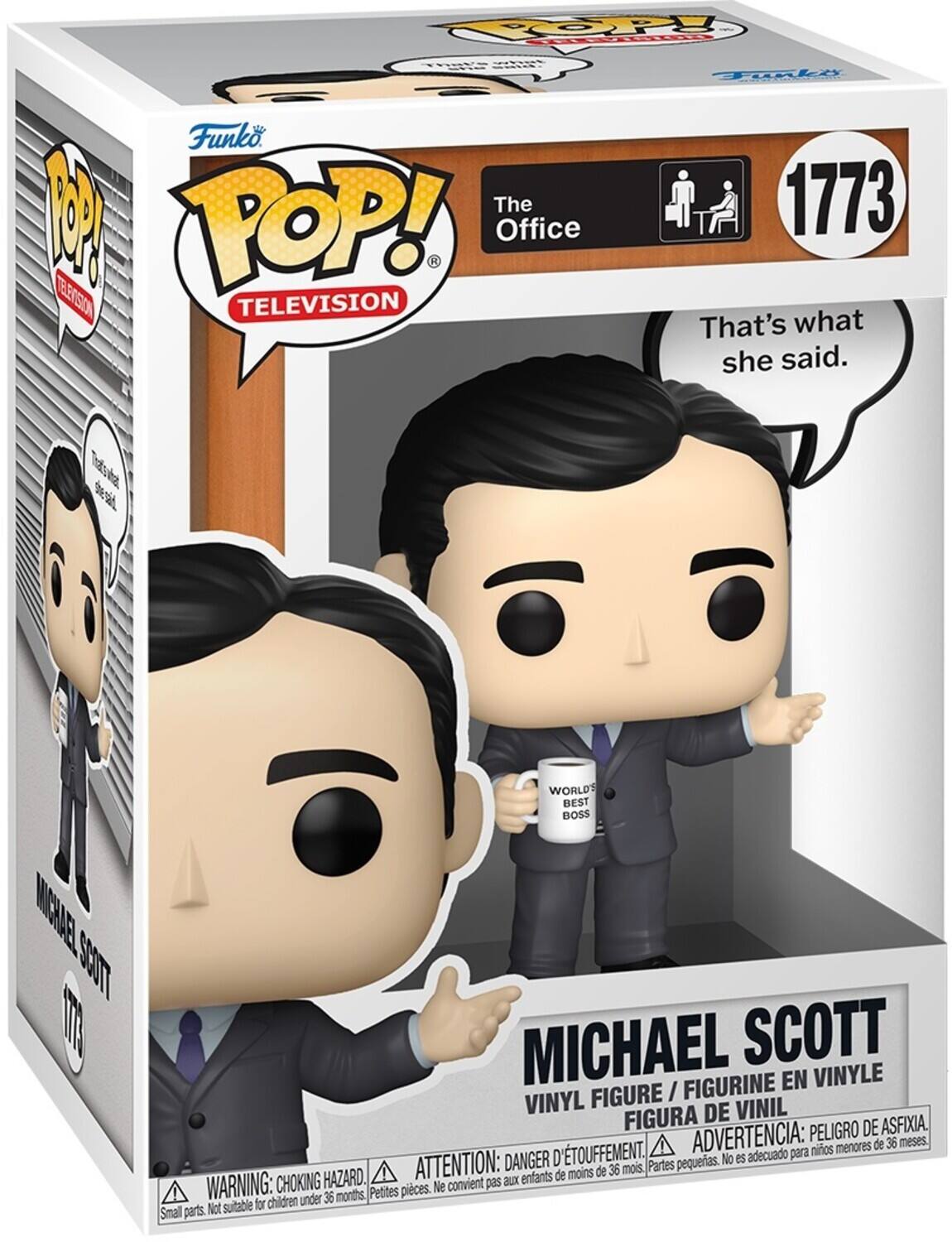 Sure, here is the corrected and grouped text from the image:

---

**Funko POP! TELEVISION**

**The Office**

**1773**

**That's what she said.**

**MICHAEL SCOTT**

**VINYL FIGURE / FIGURINE EN VINYLE / FIGURA DE VINIL**

**WARNING: CHOKING HAZARD. Small parts. Not suitable for children under 36 months.**

**ADVERTENCIA: PEQUEÑAS PIEZAS. NO ES ADECUADO PARA NIÑOS MENORES DE 36 MESES.**

**ATTENTION: DANGER D'ÉTOUFFEMENT. Petites pièces. Ne convient pas aux enfants de moins de 36 mois.**

**PELIGRO DE ASFIXIA.**

---

This text is organized to reflect the information on the packaging of the Funko POP! vinyl figure.
