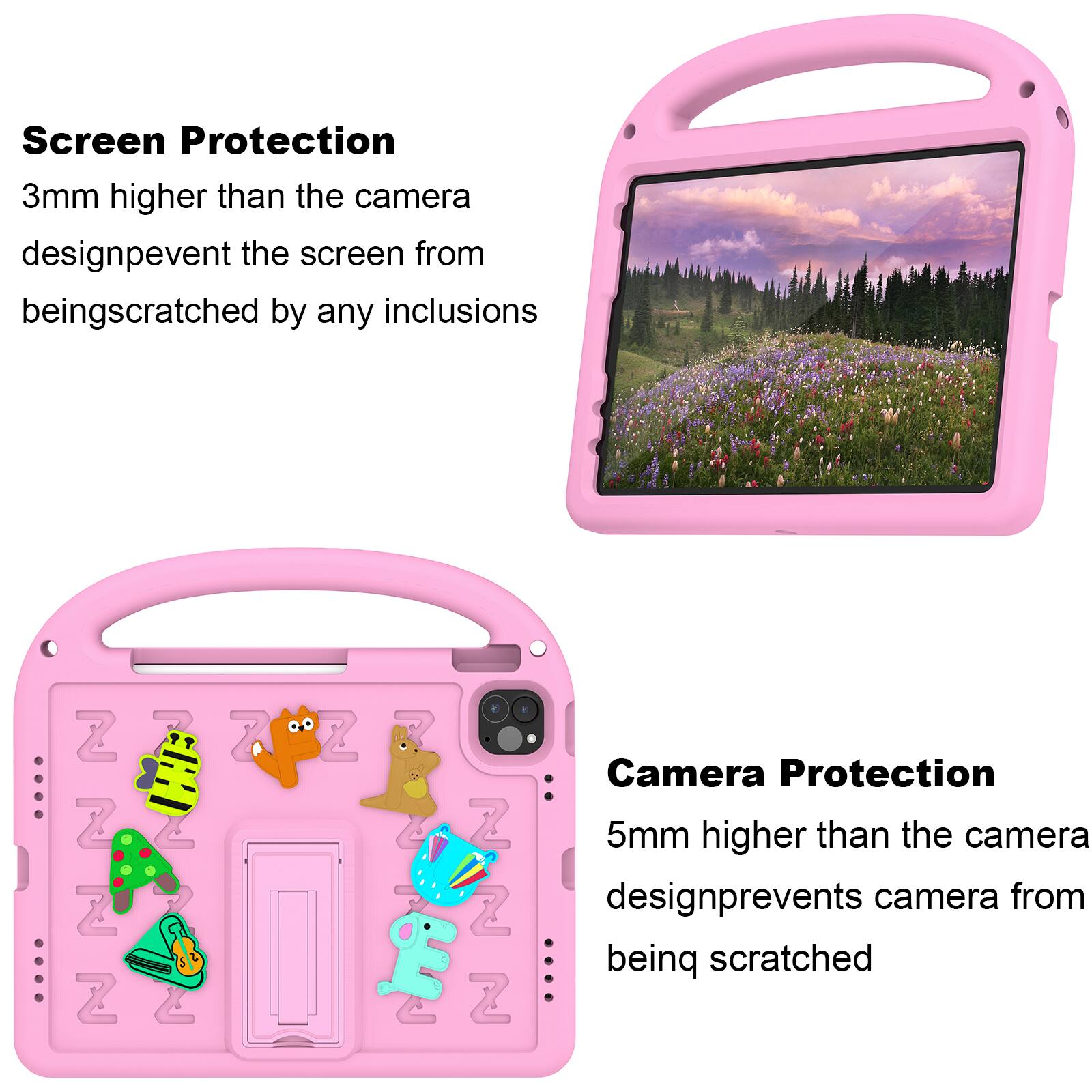 Screen Protection  
3mm higher than the camera design prevents the screen from being scratched by any inclusions

Camera Protection  
5mm higher than the camera design prevents camera from being scratched