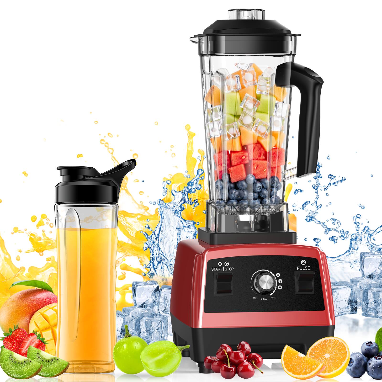 Teendow - 1800W High Speed Blender & Smoothie Maker with 68oz Pitcher, 20oz Personal Cup & Travel Lid - Red