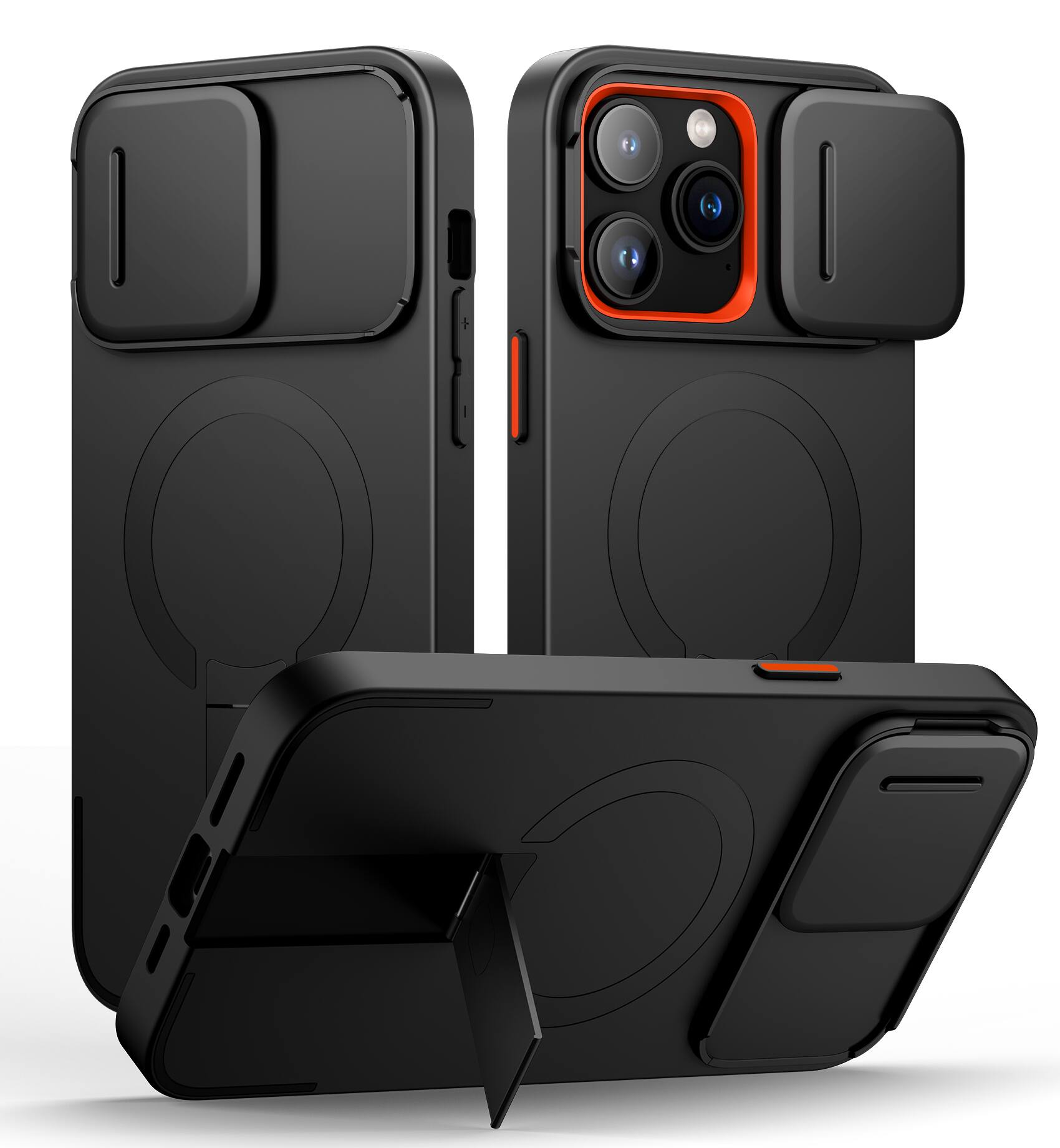 Angle. SURITCH - Bumper Case for iPhone 14 Pro Max with Camera Cover, Kickstand,Compatible with MagSafe, Shockproof Slim Protective Cover - Aurora Black.