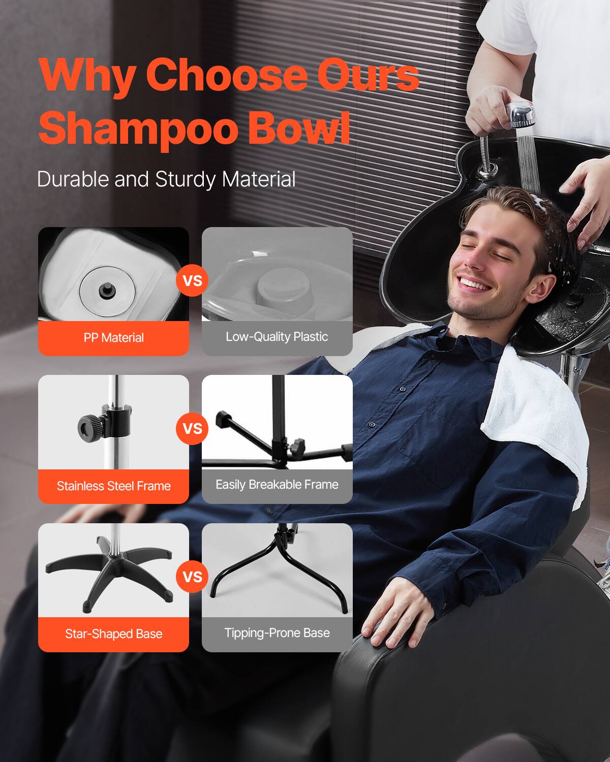 Why Choose Ours Shampoo Bowl

- Durable and Sturdy Material
  - PP Material vs Low-Quality Plastic
- Stainless Steel Frame
  - Easily Breakable Frame
- Star-Shaped Base
  - Tipping-Prone Base