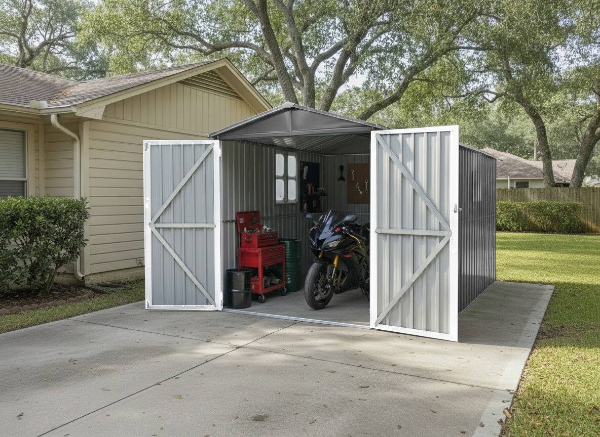 Angle. Anysun - Motorcycle Outdoor Storage Shed with Window, 121" Wide, No Tracks/Fixtures, Easy Assembly - Grey+White.