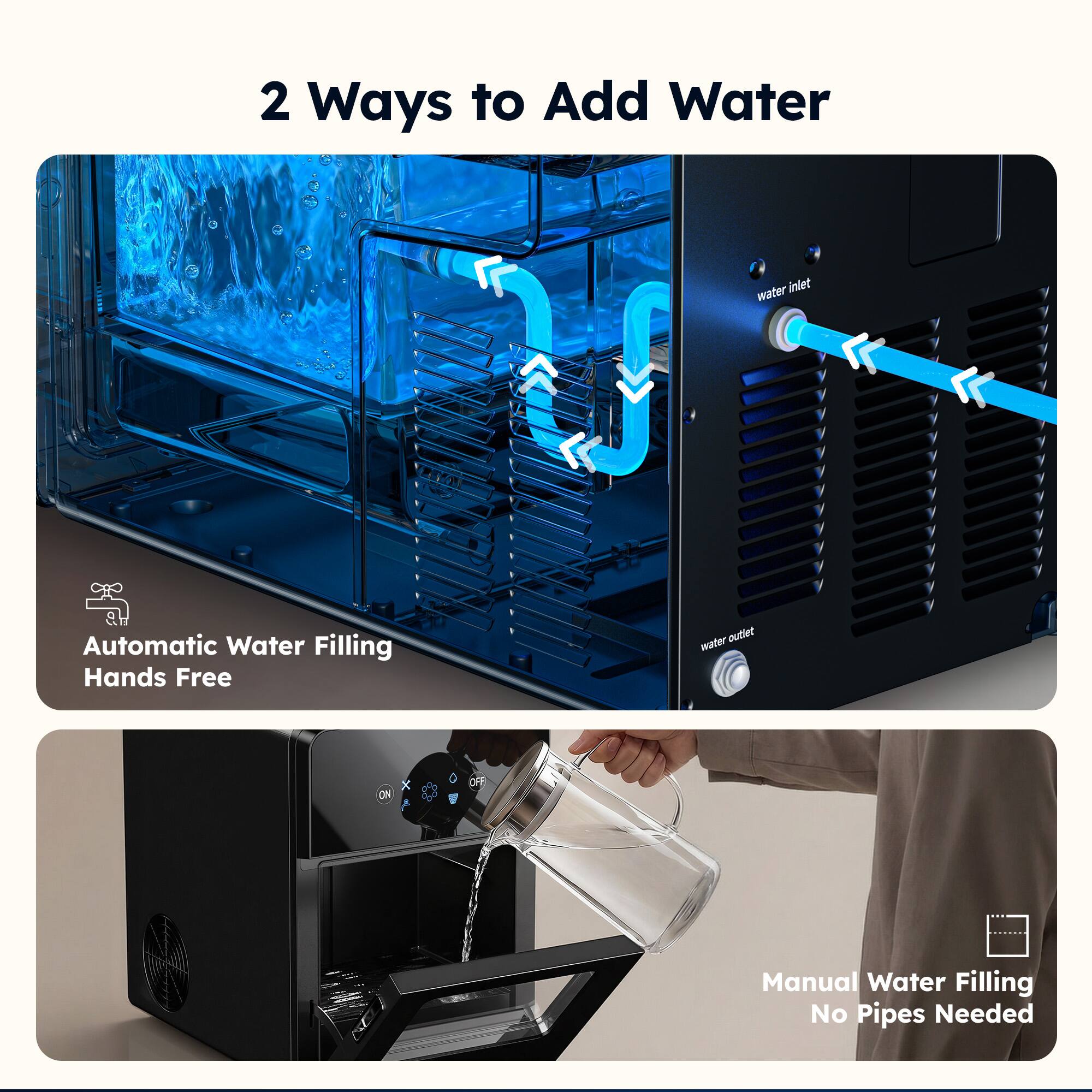 2 Ways to Add Water

- Automatic Water Filling Hands Free
- Manual Water Filling No Pipes Needed