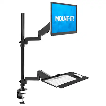 Front. Mount-It! - Single Monitor Sit-Stand Desk Mount with Adjustable Gas Spring, Keyboard Tray & Cable Management, Black - Black.