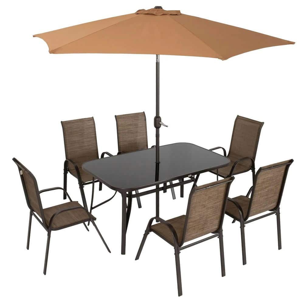 Resenkos - 8 Pieces Patio Furniture Set, Outdoor Sectional Furniture, Umbrella - Mixed Brown