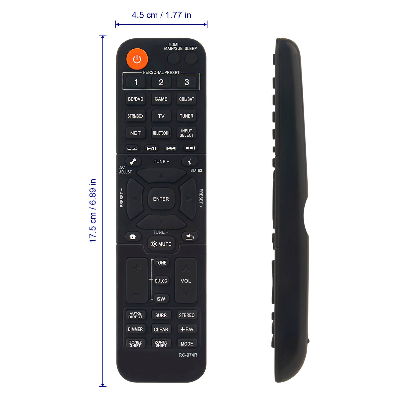 4.5 cm / 1.77 in

HDMI MAIN/SUB SLEEP

PERSONAL PRESET
1 2 3

BD/DVD GAME CBL/SAT

STRMBOX TV TUNER

NET BLUETOOTH

INPUT SELECT

AV ADJUST

TUNE + TUNE -

ENTER

MUTE

TONE DIALOG VOL

SW

AUTO DIRECT

SURRE STEREO

DIMMER CLEAR + Fav

ZONE2 SHIFT ZONE3 SHIFT

MODE

RC-974R

17.5 cm / 6.89 in