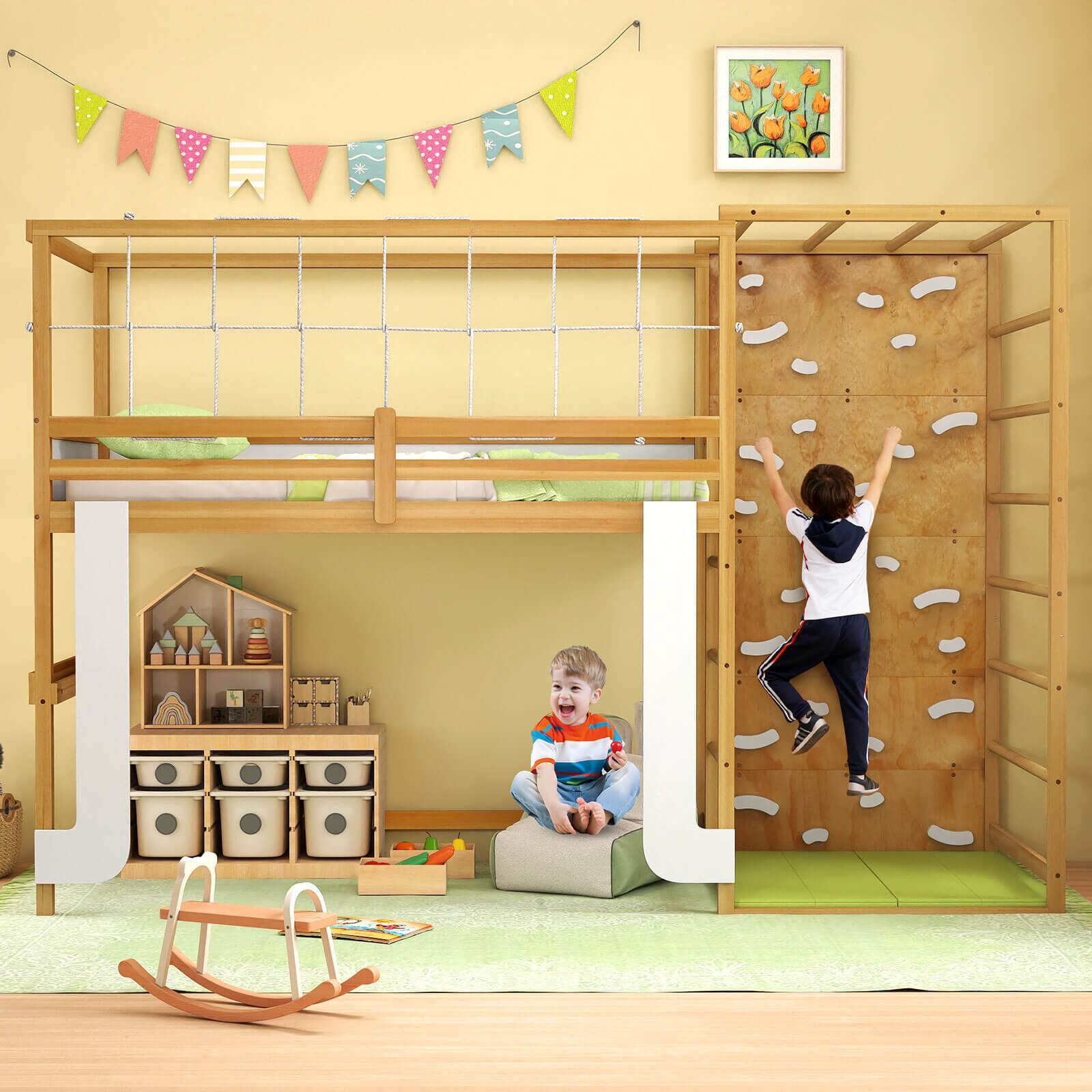 Alt View 4. Costway - Costway Twin Bunk Bed with Jungle Gym, Climbing Ladder, Rock Wall & Monkey Bar - Natural,White.
