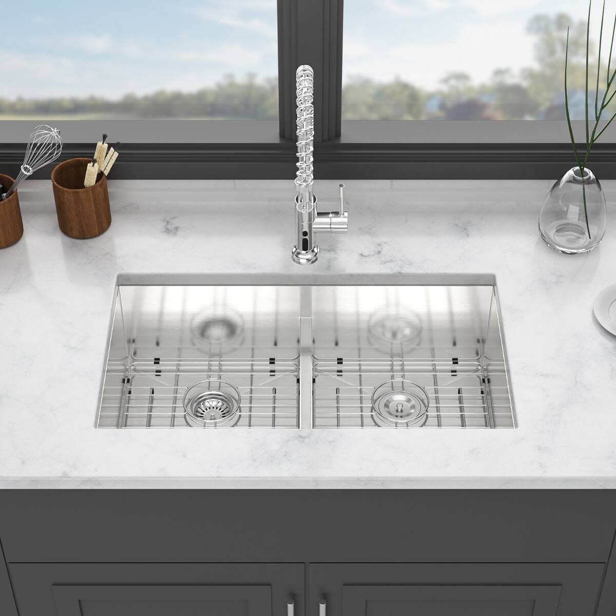 Alt View 4. Ropilly - Ropilly 36 inch undermount double bowl kitchen sink, 16 gauge t304 stainless steel sink, 36 x 19 x 10 in - Brushed Nickel.