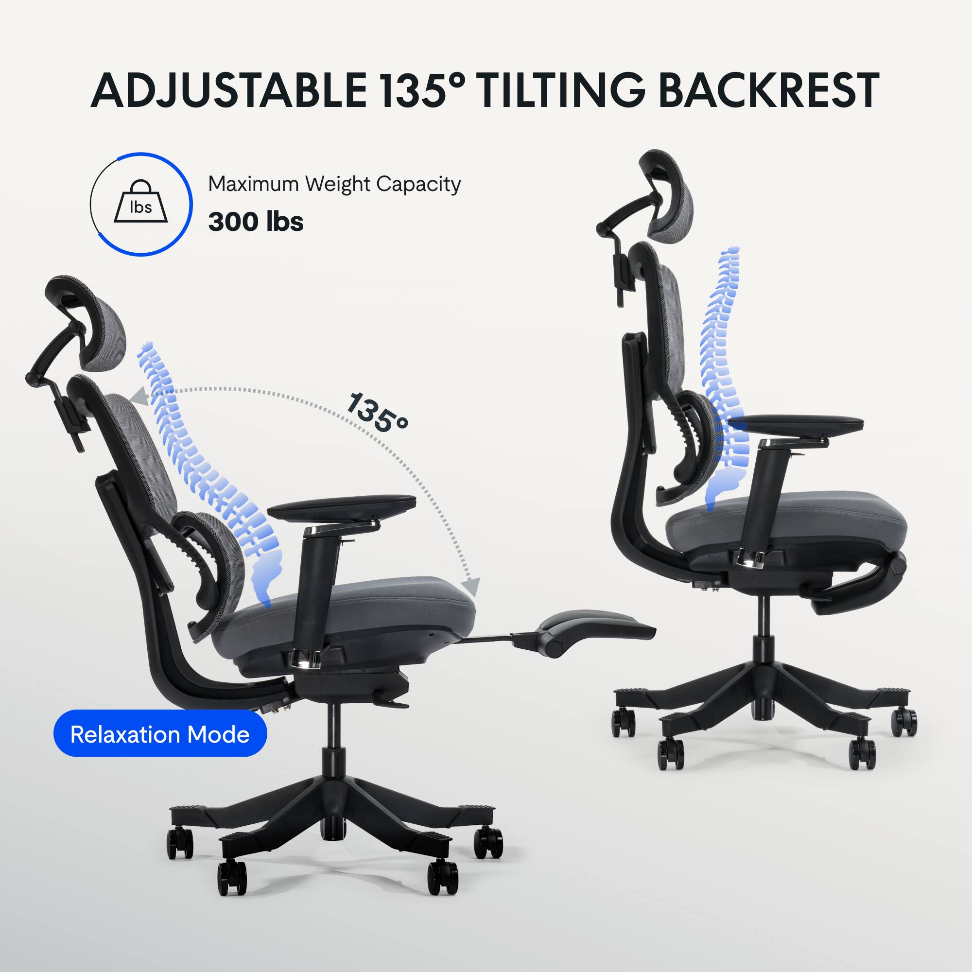 ADJUSTABLE 135° TILTING BACKREST  
Maximum Weight Capacity: 300 lbs  
135°  
Relaxation Mode