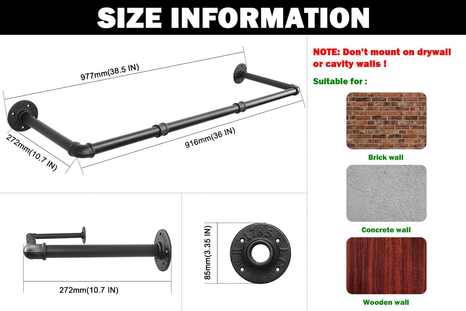 **SIZE INFORMATION**

- 977mm (38.5 IN)
- 916mm (36 IN)
- 272mm (10.7 IN)
- 85mm (3.35 IN)

**NOTE:** Don't mount on drywall or cavity walls!

**Suitable for:**
- Brick wall
- Concrete wall
- Wooden wall