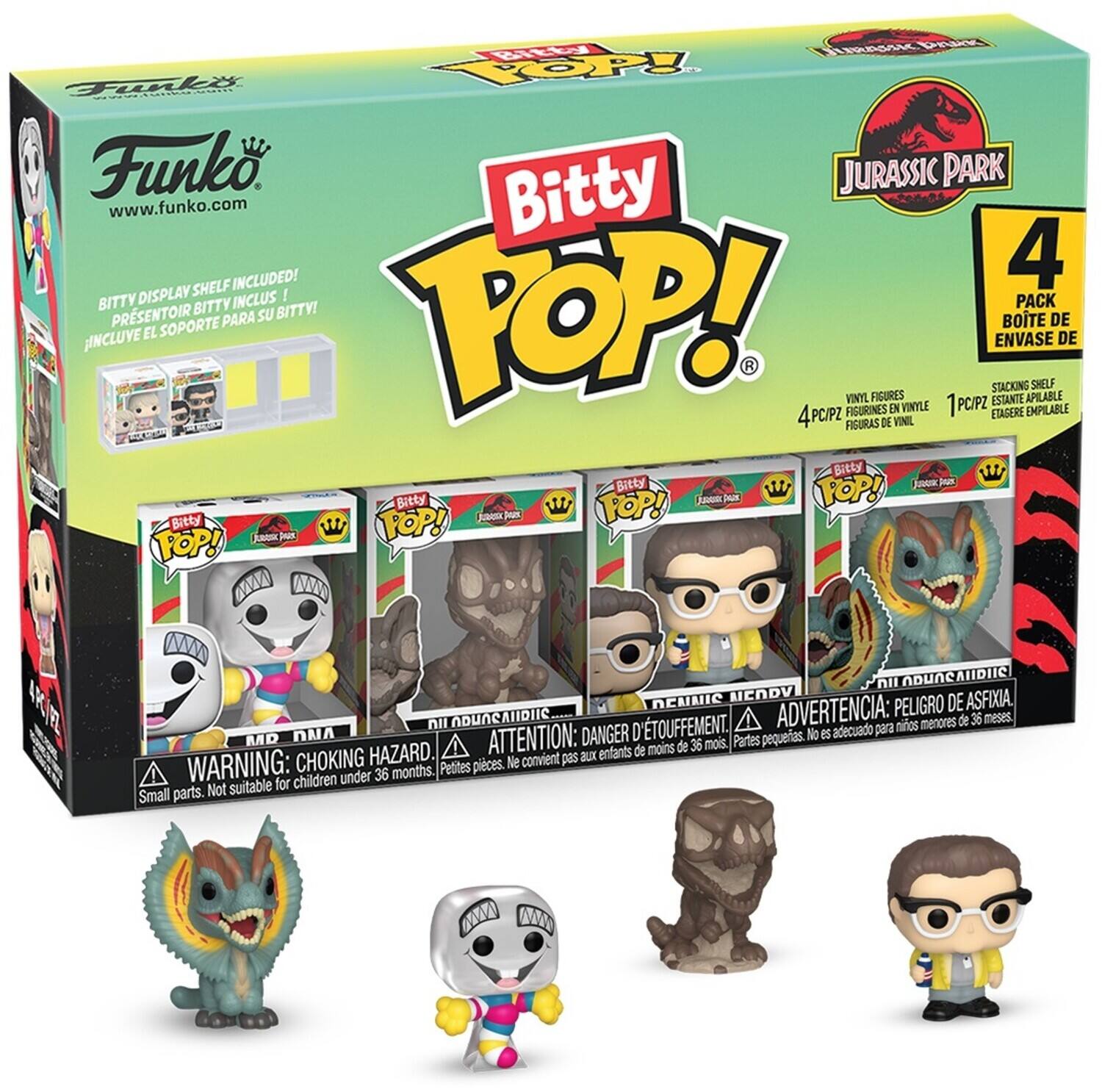 Funko  
www.funko.com  

Bitty POP!  
Jurassic Park  

BITTY DISPLAY SHELF INCLUDED!  
PRESENTOIR BITTY INCLUS!  
¡INCLUYE EL SOPORTE PARA SU BITTY!  

4 PACK  
4PC/PZ  
VINYL FIGURES  
FIGURINES EN VINYLE  
1 ETAGERE EMPILABLE  

WARNING: CHOKING HAZARD.  
ATTENTION: DANGER D'ÉTOUFFEMENT.  
ADVERTENCIA: PELIGRO DE ASFIXIA.  
Small parts. Not suitable for children under 36 months.  
Petites pièces. Ne convient pas aux enfants de moins de 36 mois.