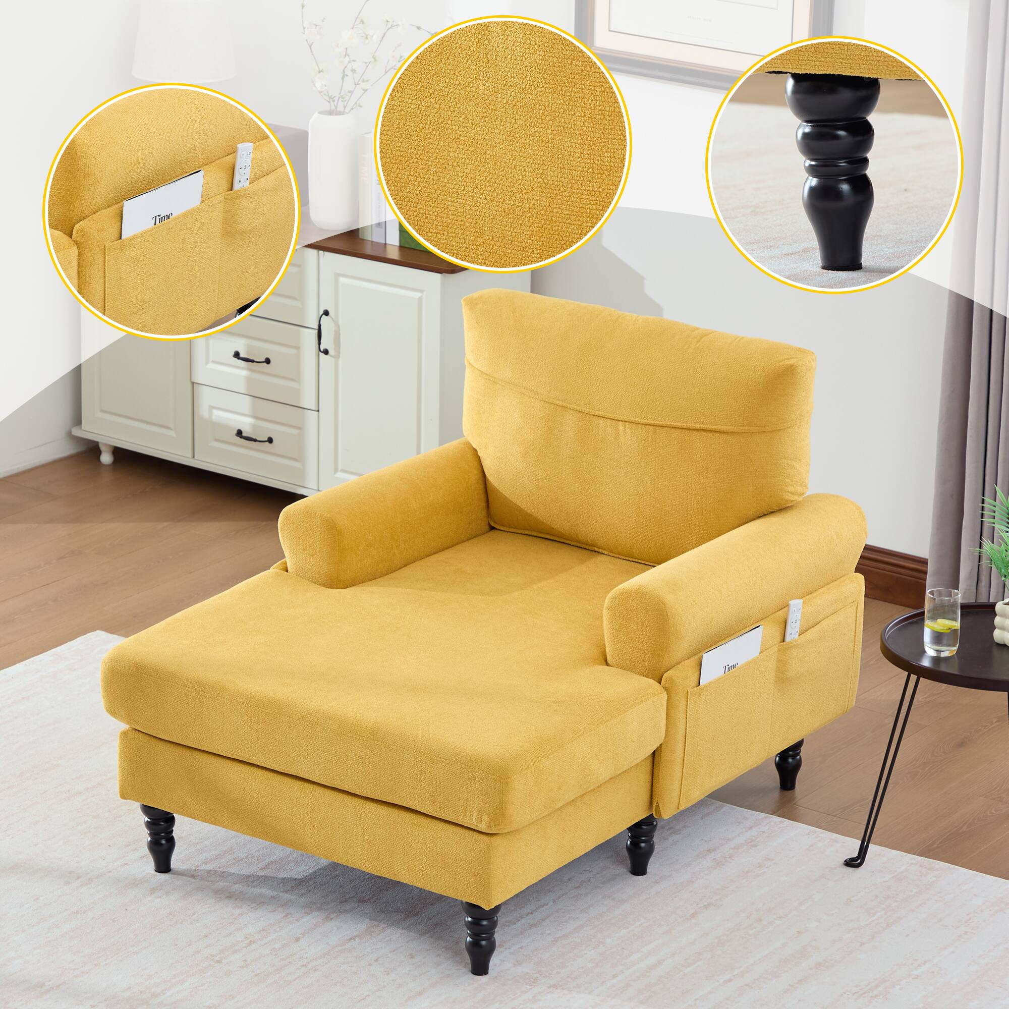 Left. Trinkets Crazed - Chenille Fabric Chaise Lounge Recliner Single Sofa Living Room Bedroom Rest Chair Wooden Sofa Legs - Mustard Yellow.