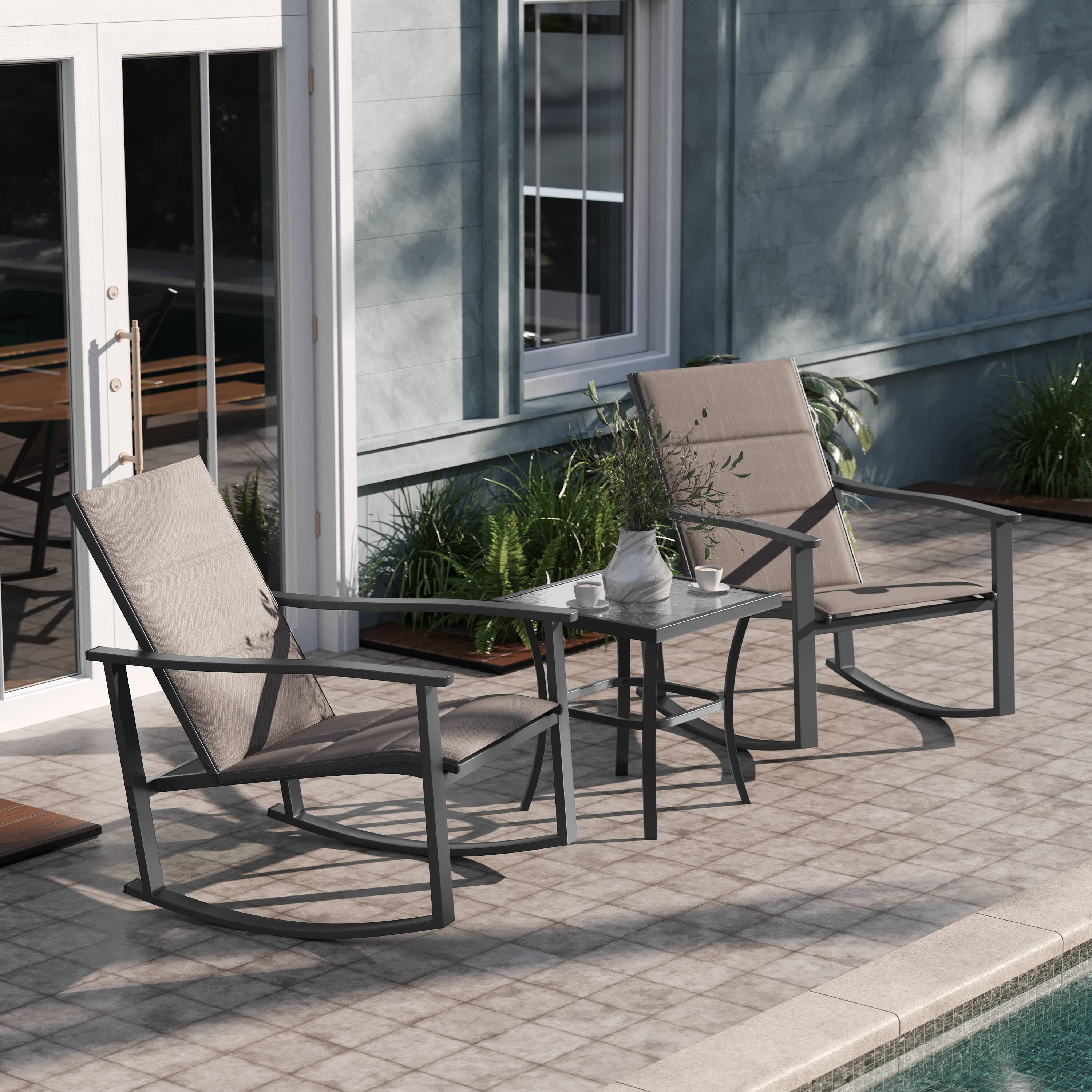 Alt View 3. Emma + Oliver - Braelin 3 Piece Outdoor Rocking Chair Patio Set with Flex Comfort Material and Metal Framed Glass Top Table - Brown.