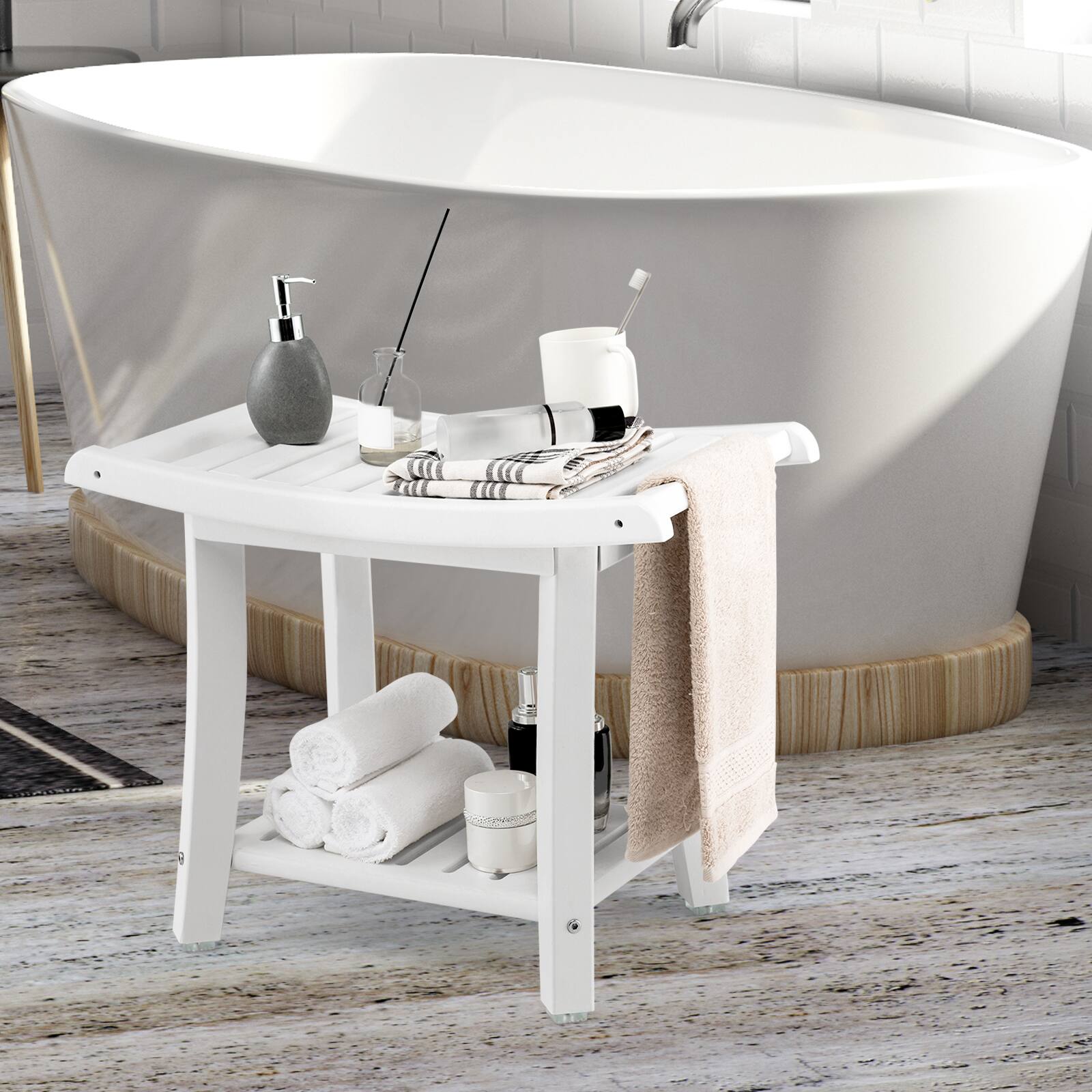 Angle. SlickBlue - Heavy Duty Waterproof Bath Stool with Curved Seat and Lower Storage Shelf - White.