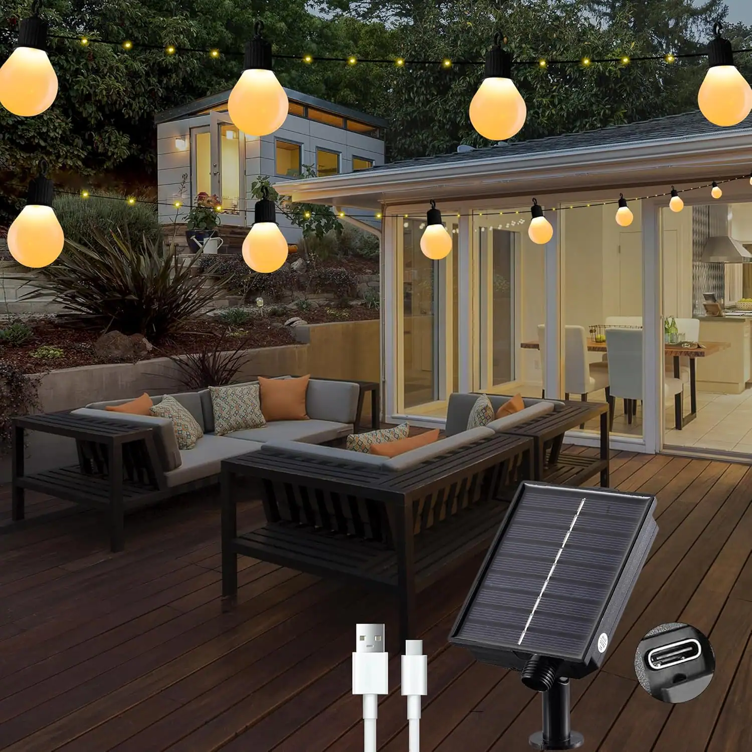 Front. Schertz - 33ft Solar String Lights – 100 LED Waterproof Outdoor Lights with Remote, USB Rechargeable, 8 Modes - Warm White.