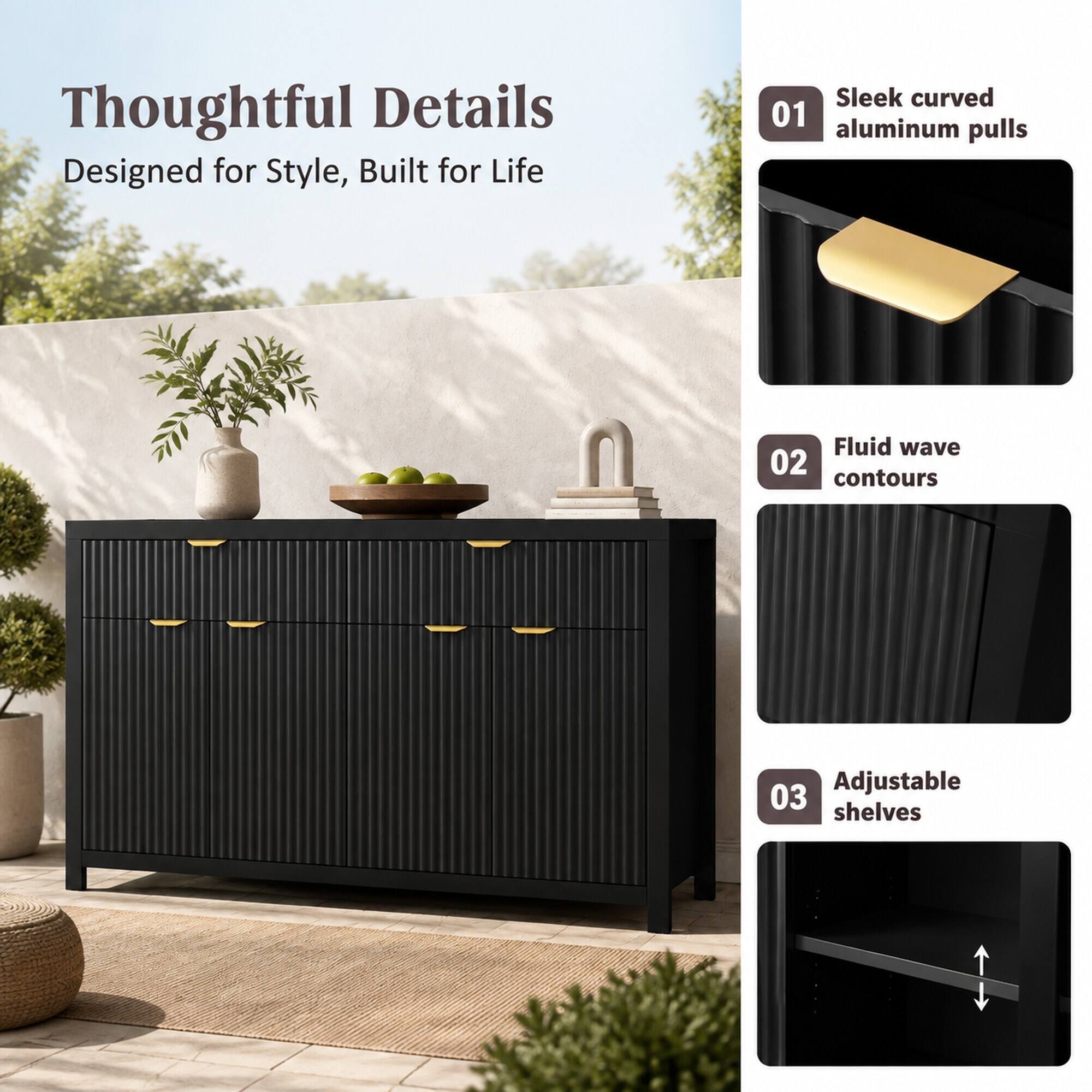 Thoughtful Details  
Designed for Style, Built for Life

01 Sleek curved aluminum pulls  
02 Fluid wave contours  
03 Adjustable shelves